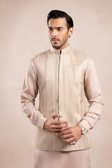 Coffee Beige Arrow Embroidered Waistcoat - Men