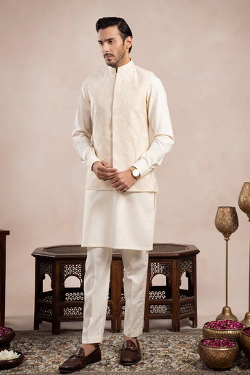 Bosky White Kurta Trouser with Cross Stitched Embroidered Waistcoat  - 3PC - Men