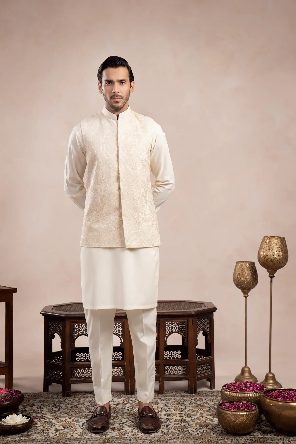 Bosky White Kurta Trouser with Cross Stitched Embroidered Waistcoat  - 3PC - Men