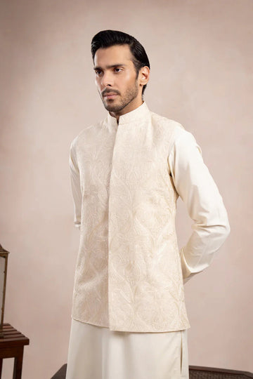 Bosky White Cross Stitched Embroidered Waistcoat - Men