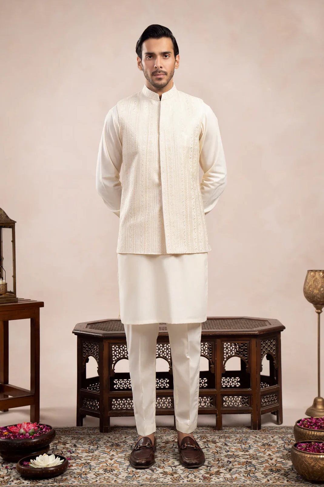 Bosky White Kurta Trouser with Falling Embroidered Waistcoat  - 3PC - Men