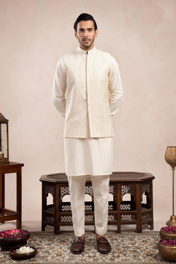 Bosky White Kurta Trouser with Falling Embroidered Waistcoat  - 3PC - Men