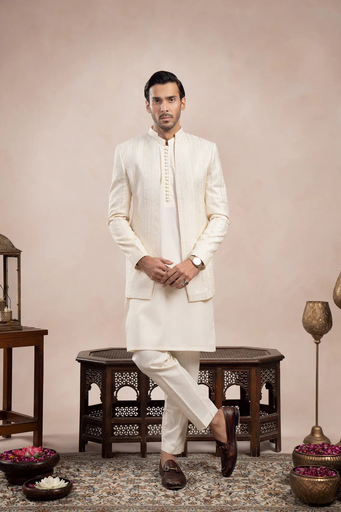 Bosky White Loop Kurta Trouser with Falling Embroidered Open Prince Coat - 3PC - Men