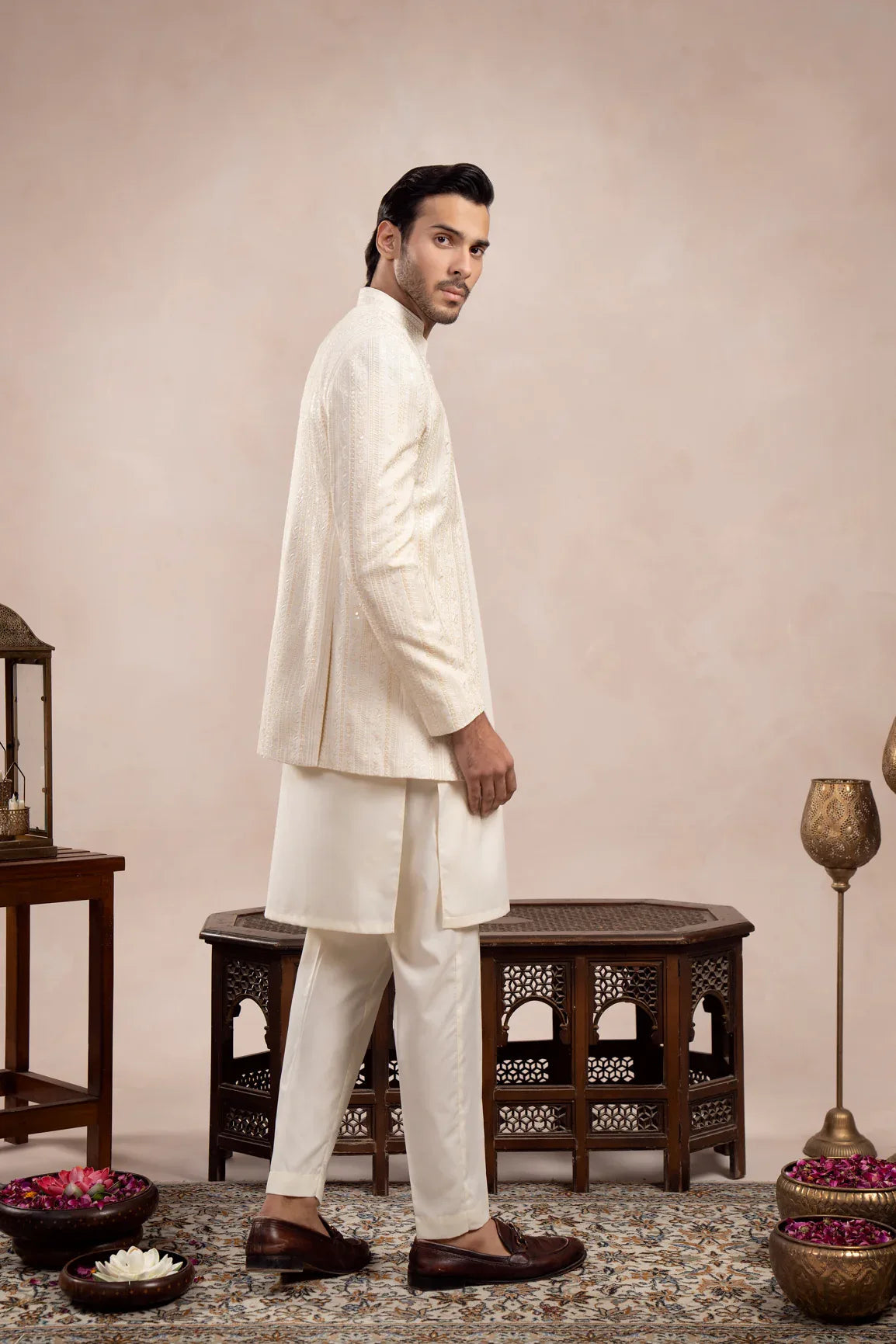 Bosky White Loop Kurta Trouser with Falling Embroidered Open Prince Coat - 3PC - Men