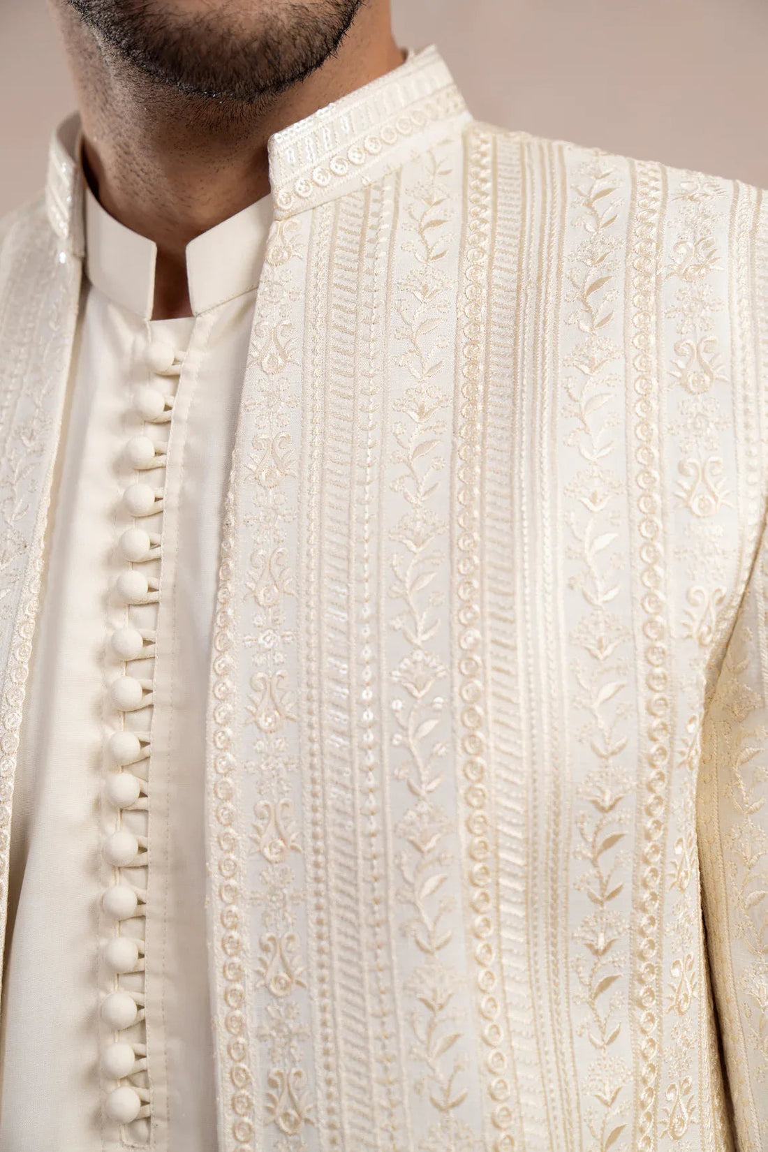 Bosky White Loop Kurta Trouser with Falling Embroidered Open Prince Coat - 3PC - Men
