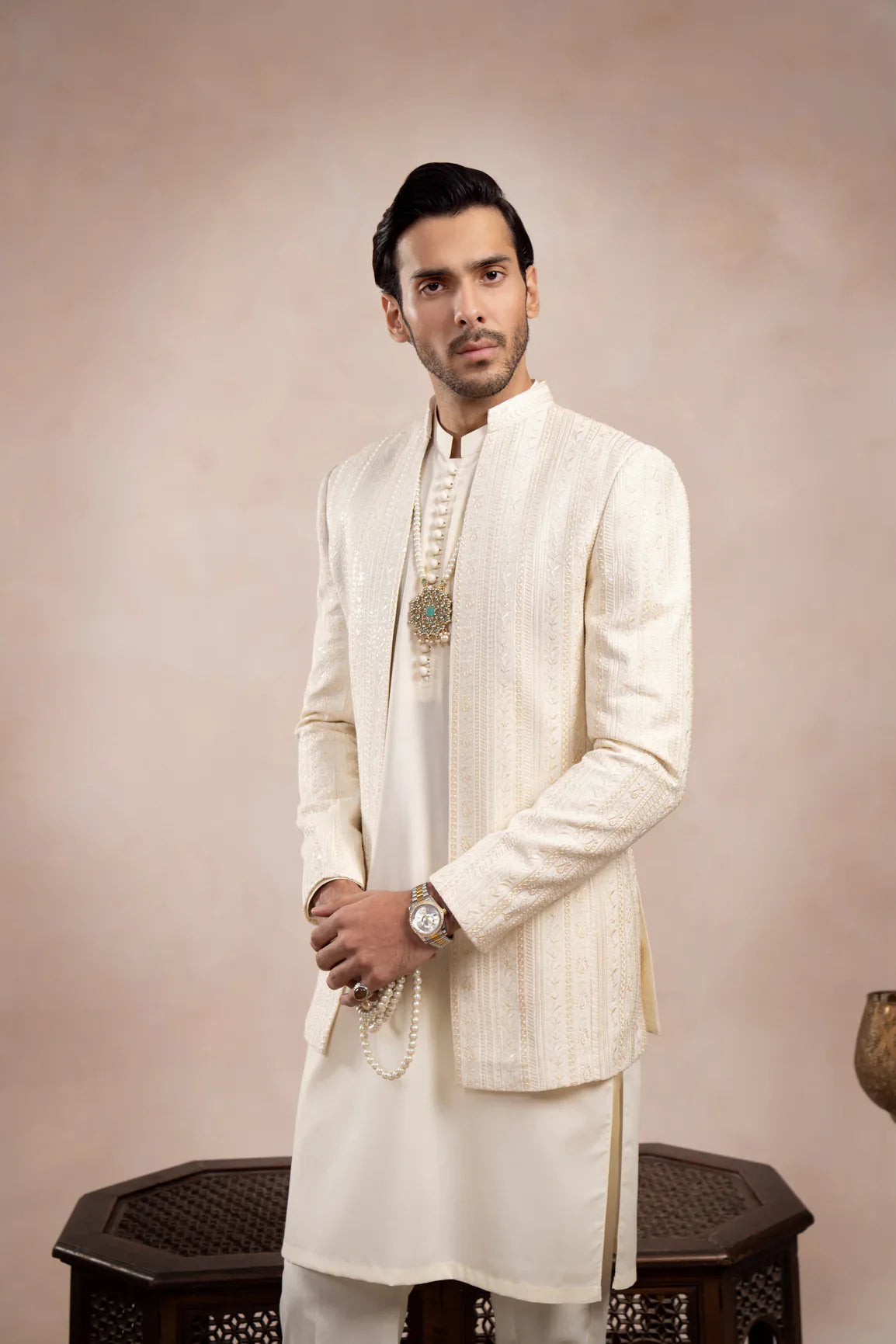 Bosky White Loop Kurta Trouser with Falling Embroidered Open Prince Coat - 3PC - Men