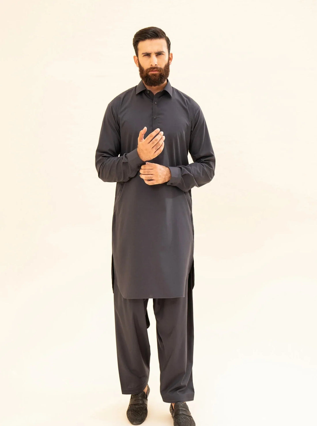 Charcoal Grey French Collar Kameez Shalwar - Men