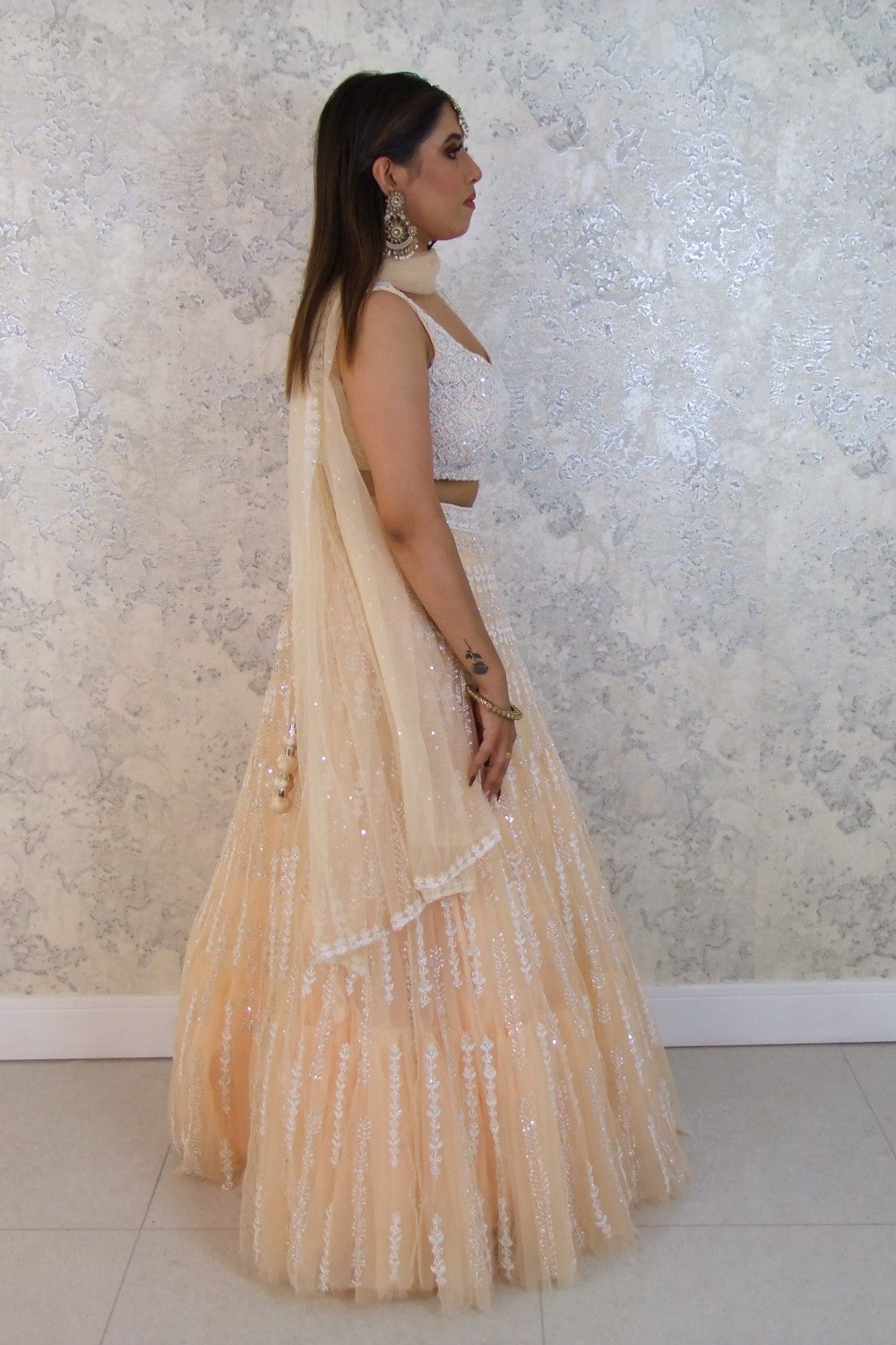 Moti work peach lehenga with soft dupatta