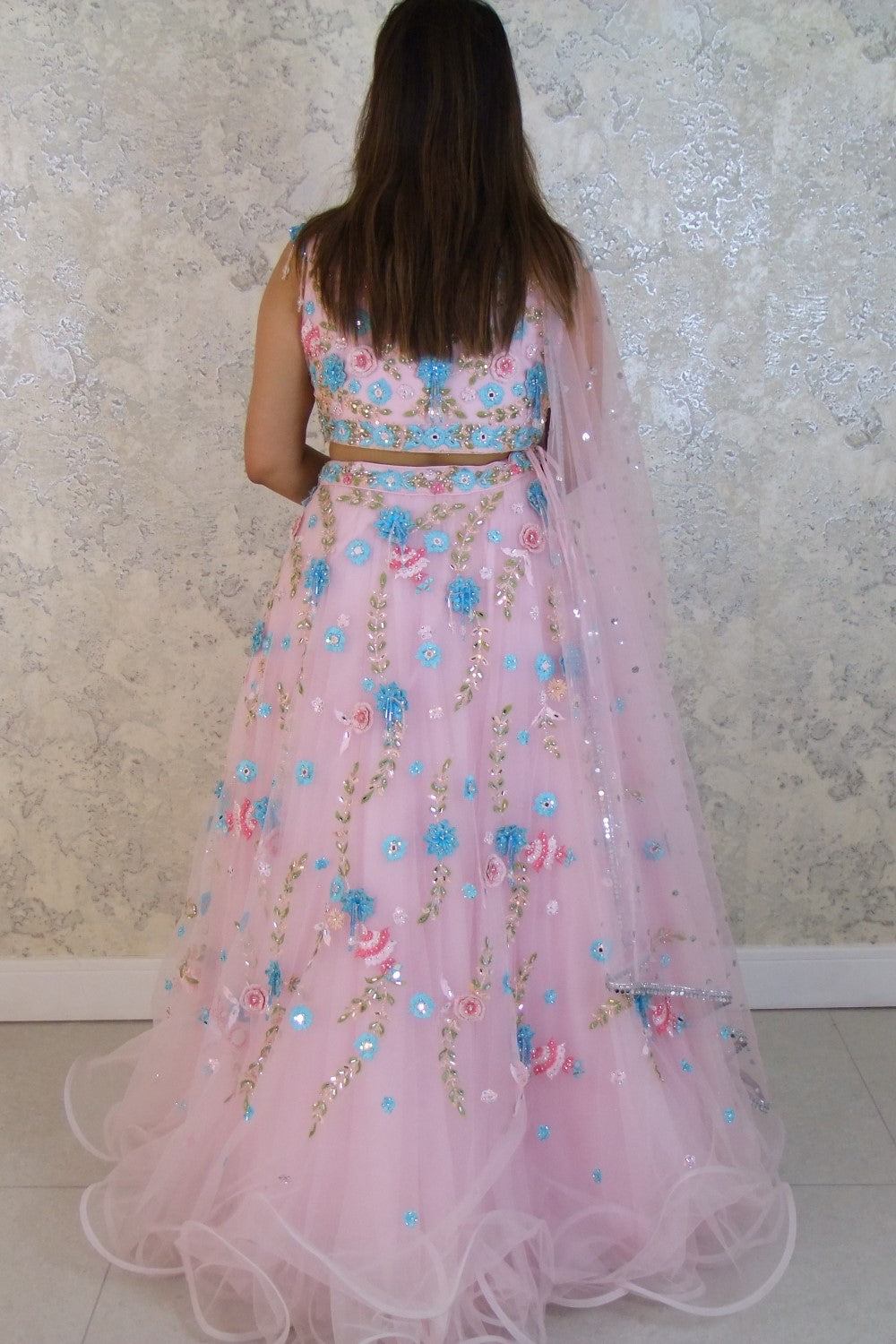 Classy flowy printed lehenga with hand embroidered work