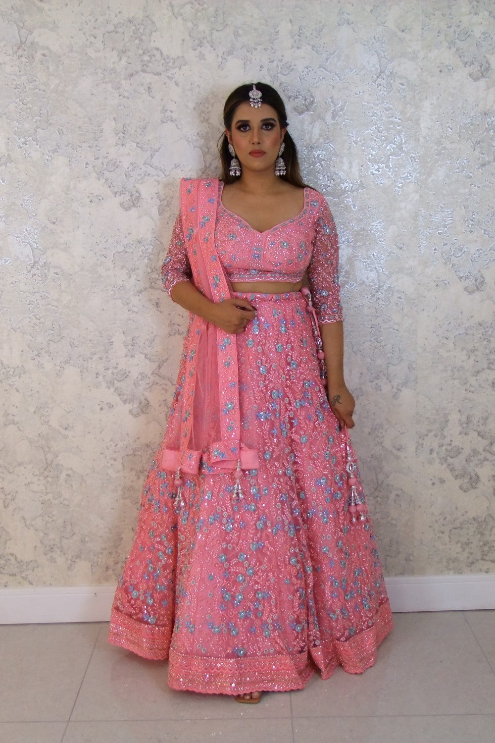 Pink Net Embellished Sequin Sweetheart Floral Crystal Lehenga Set