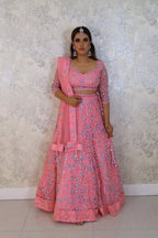 Pink Net Embellished Sequin Sweetheart Floral Crystal Lehenga Set