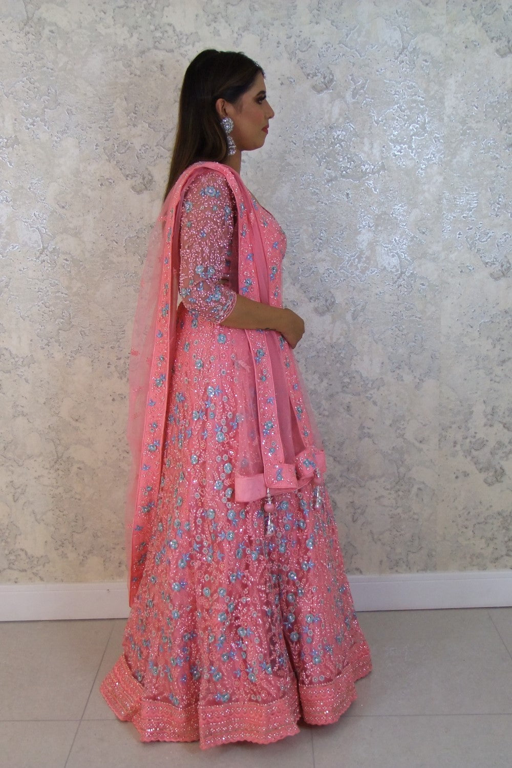 Pink Net Embellished Sequin Sweetheart Floral Crystal Lehenga Set