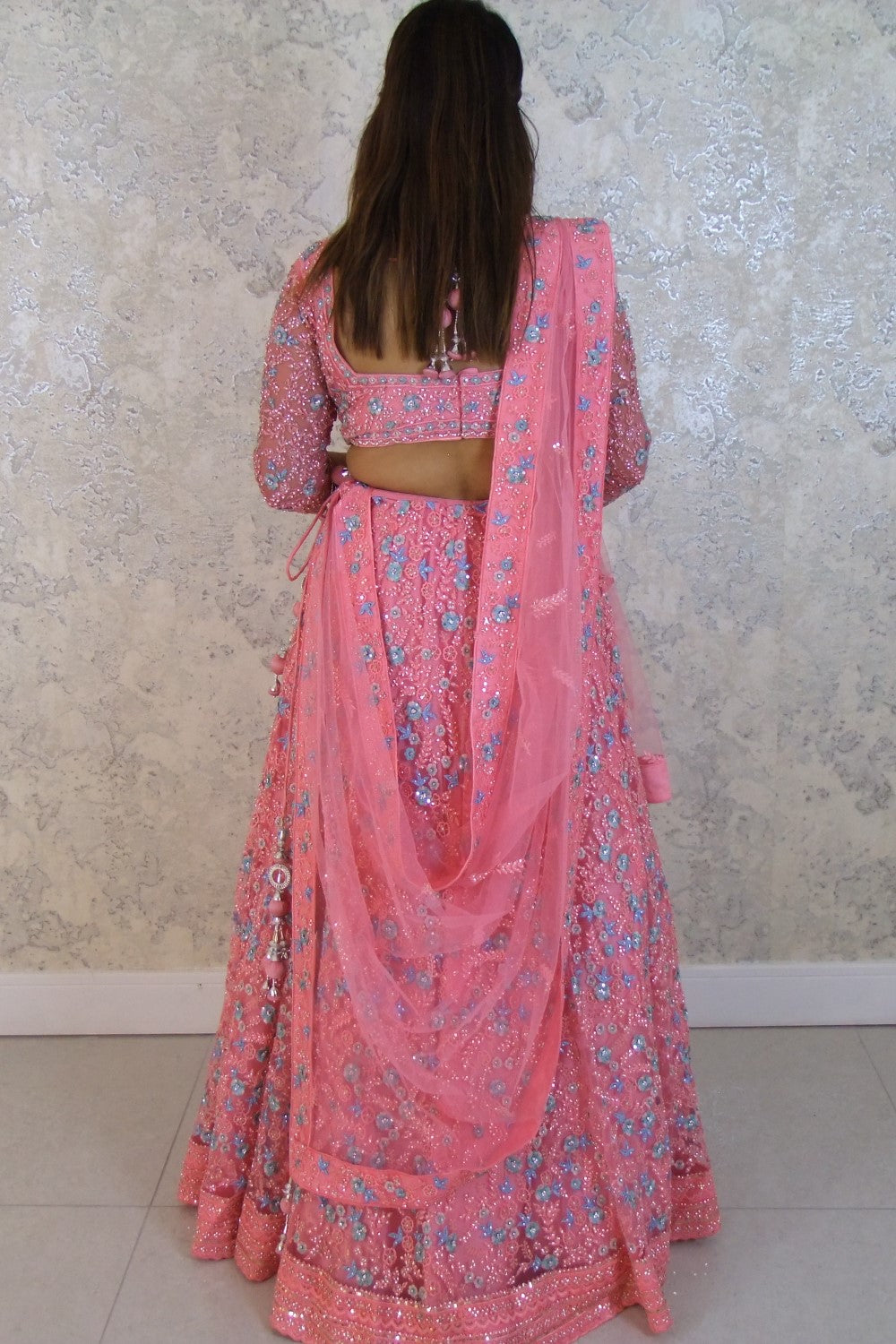 Pink Net Embellished Sequin Sweetheart Floral Crystal Lehenga Set