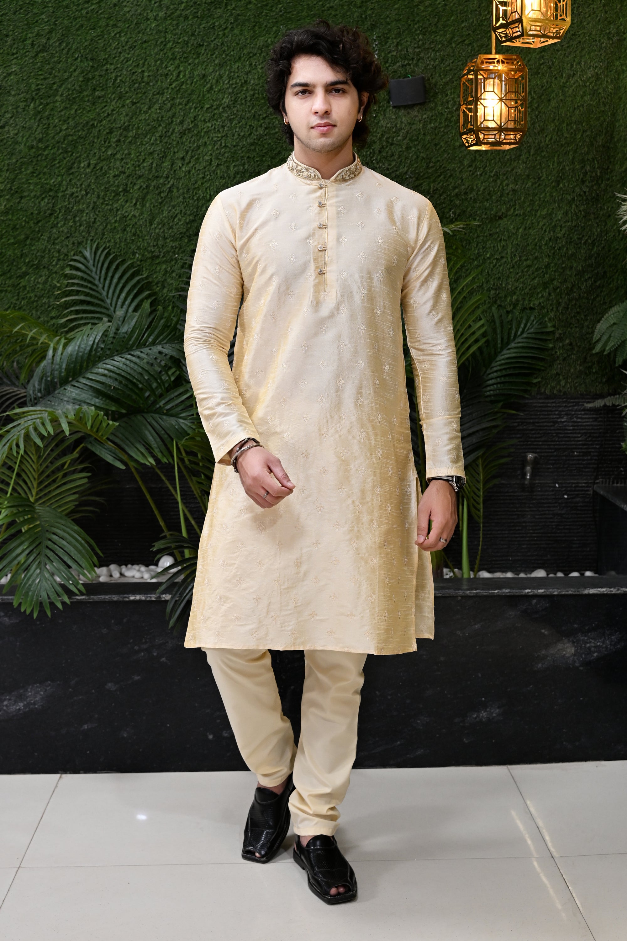 Men's Cream Beige Weaved Thread Embroidered Kurta Pajama