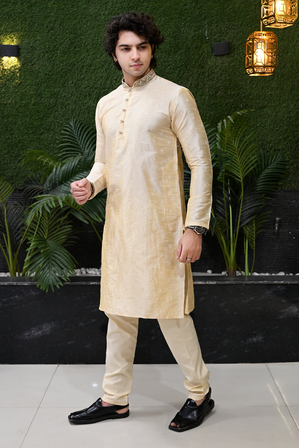 Men's Cream Beige Weaved Thread Embroidered Kurta Pajama