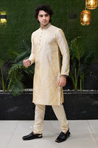 Men's Cream Beige Weaved Thread Embroidered Kurta Pajama