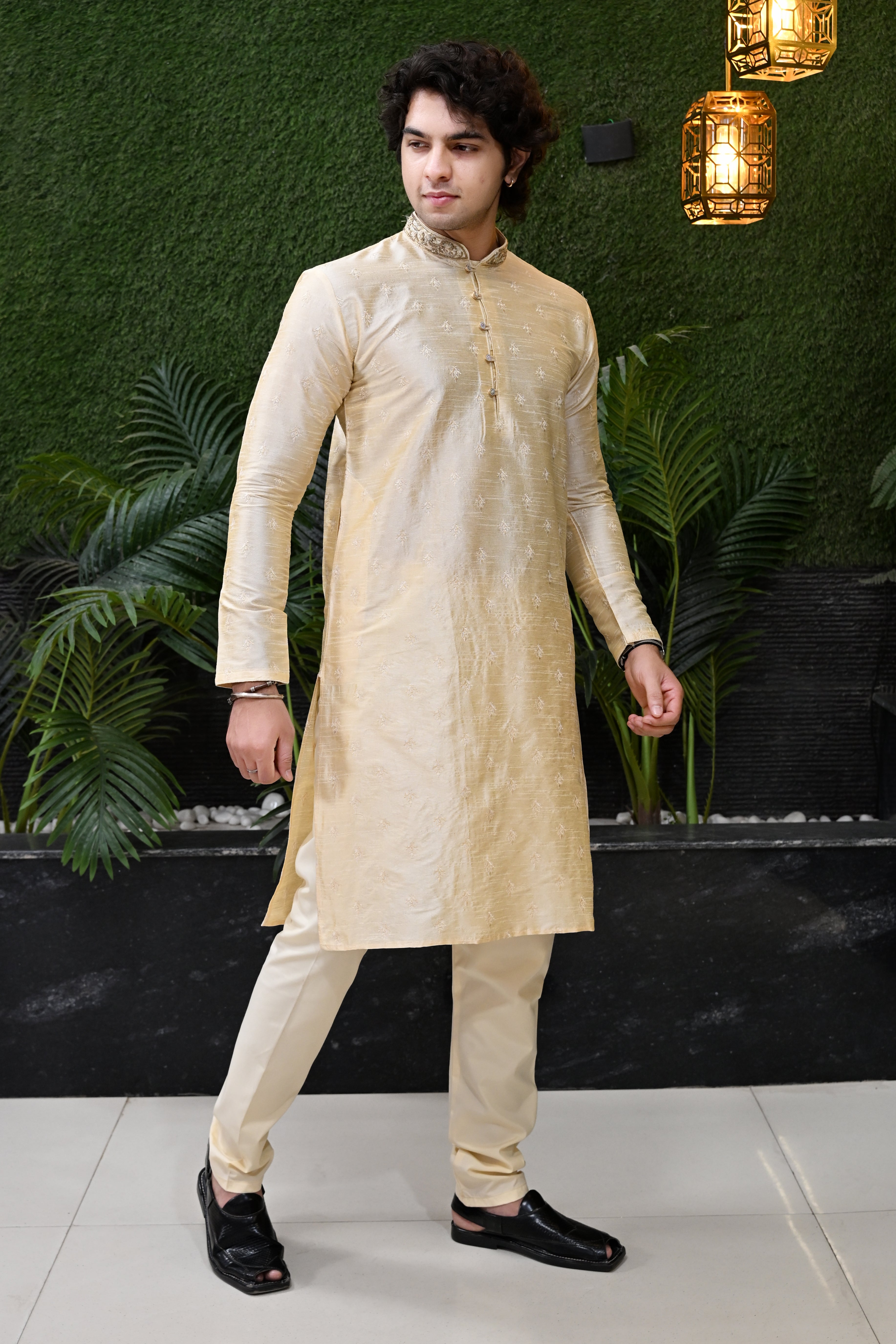 Men's Cream Beige Weaved Thread Embroidered Kurta Pajama