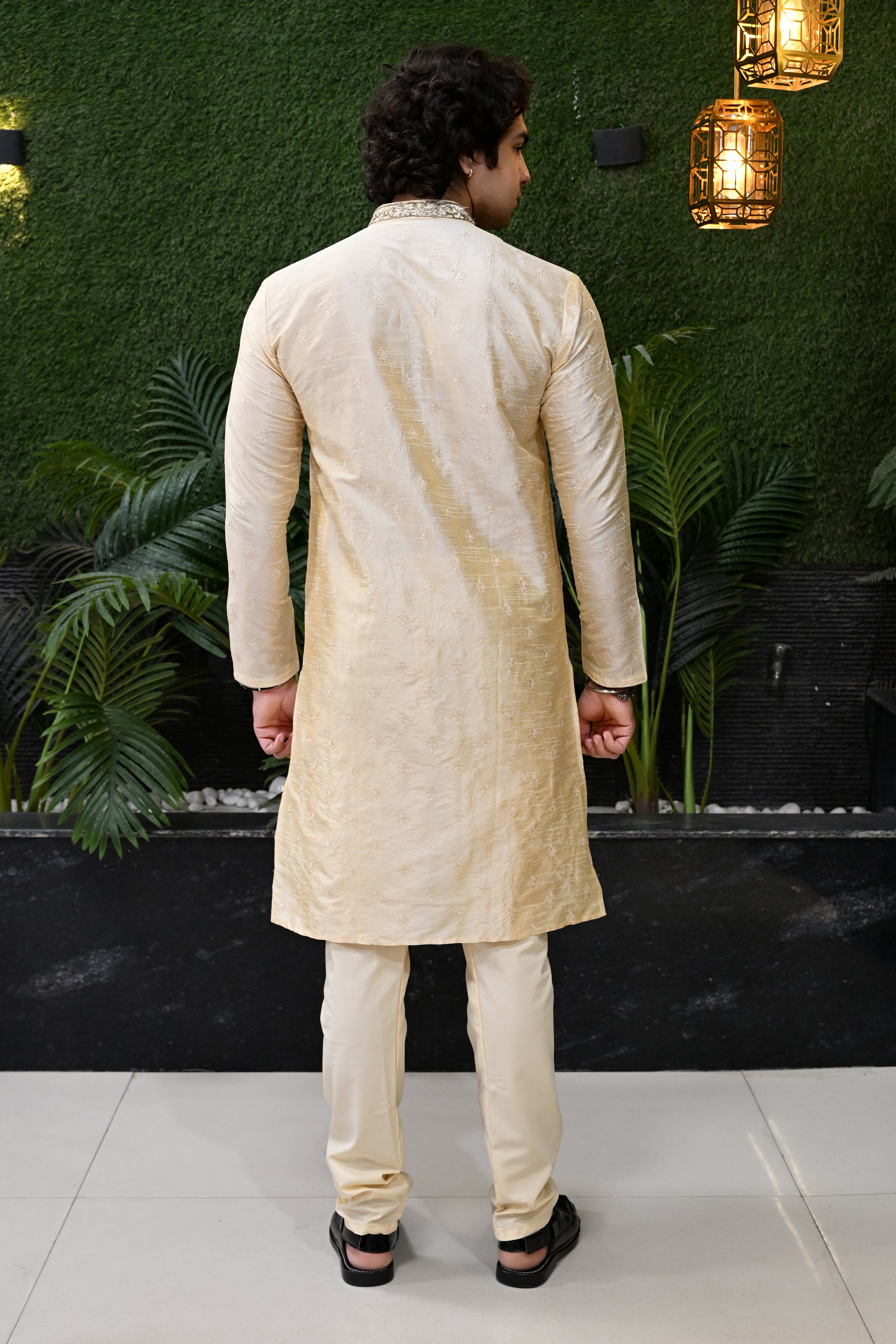 Men's Cream Beige Weaved Thread Embroidered Kurta Pajama