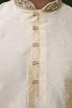 Men's Cream Beige Weaved Thread Embroidered Kurta Pajama