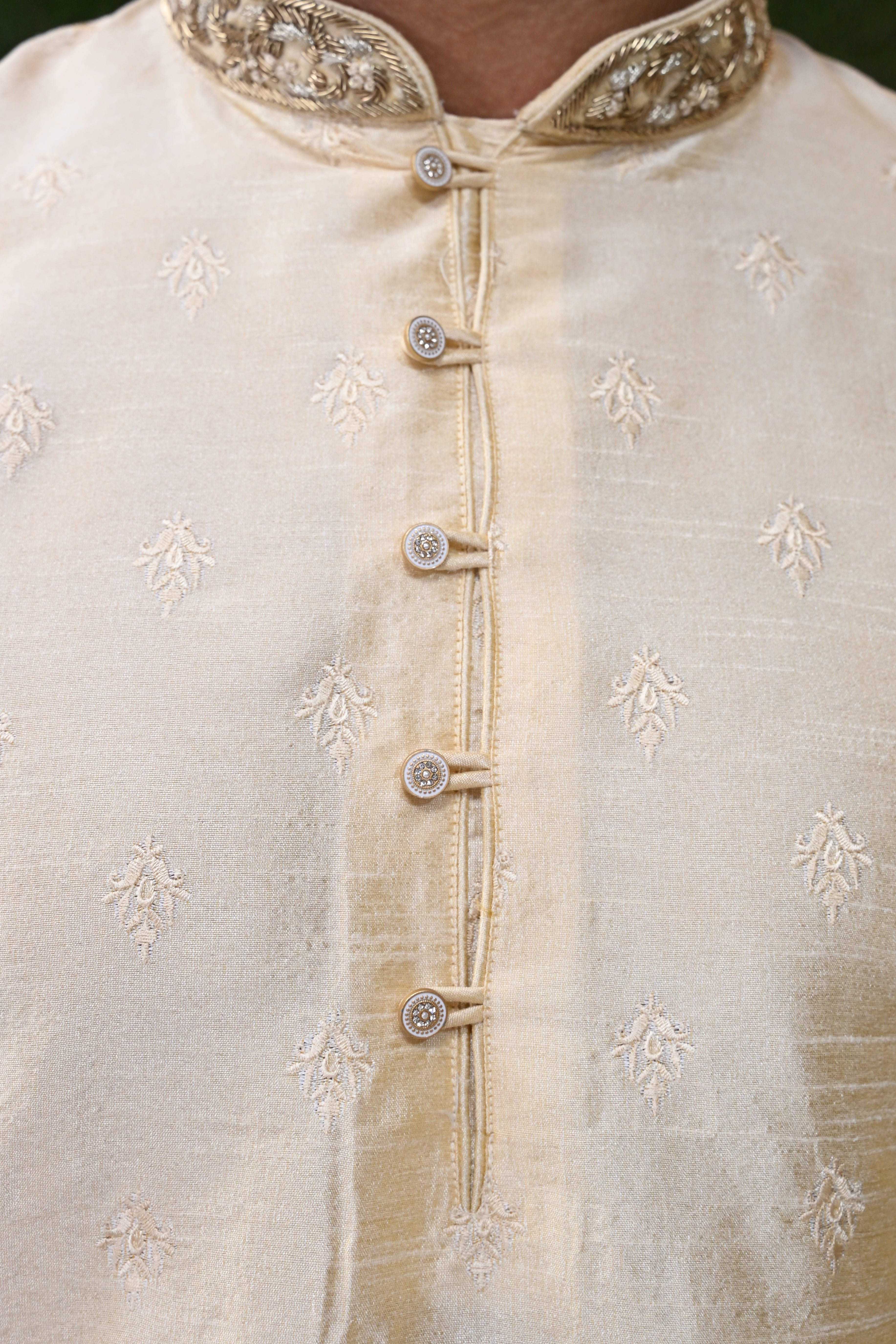 Men's Cream Beige Weaved Thread Embroidered Kurta Pajama