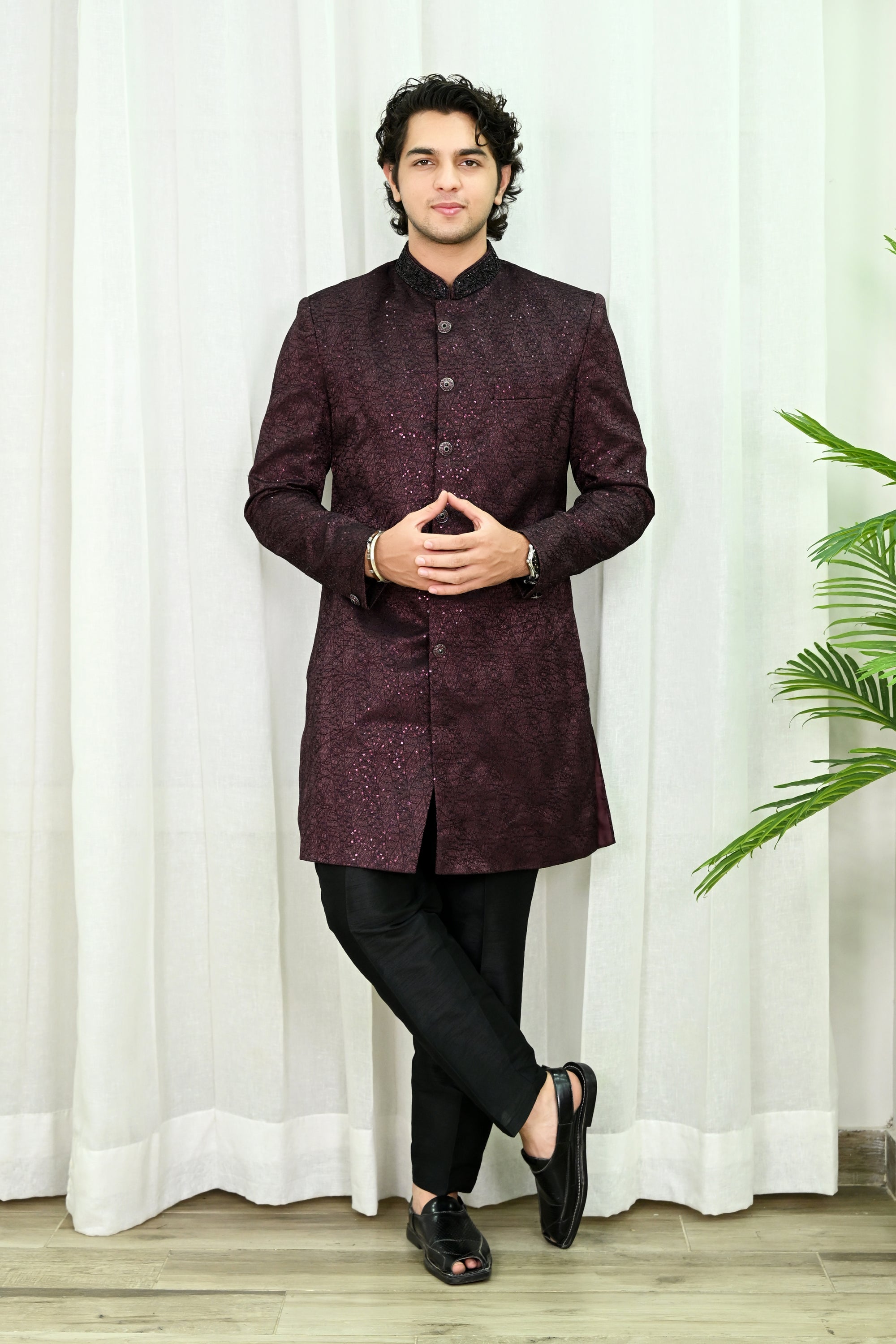 Wine Red Achkan Style Indo Western Sherwani