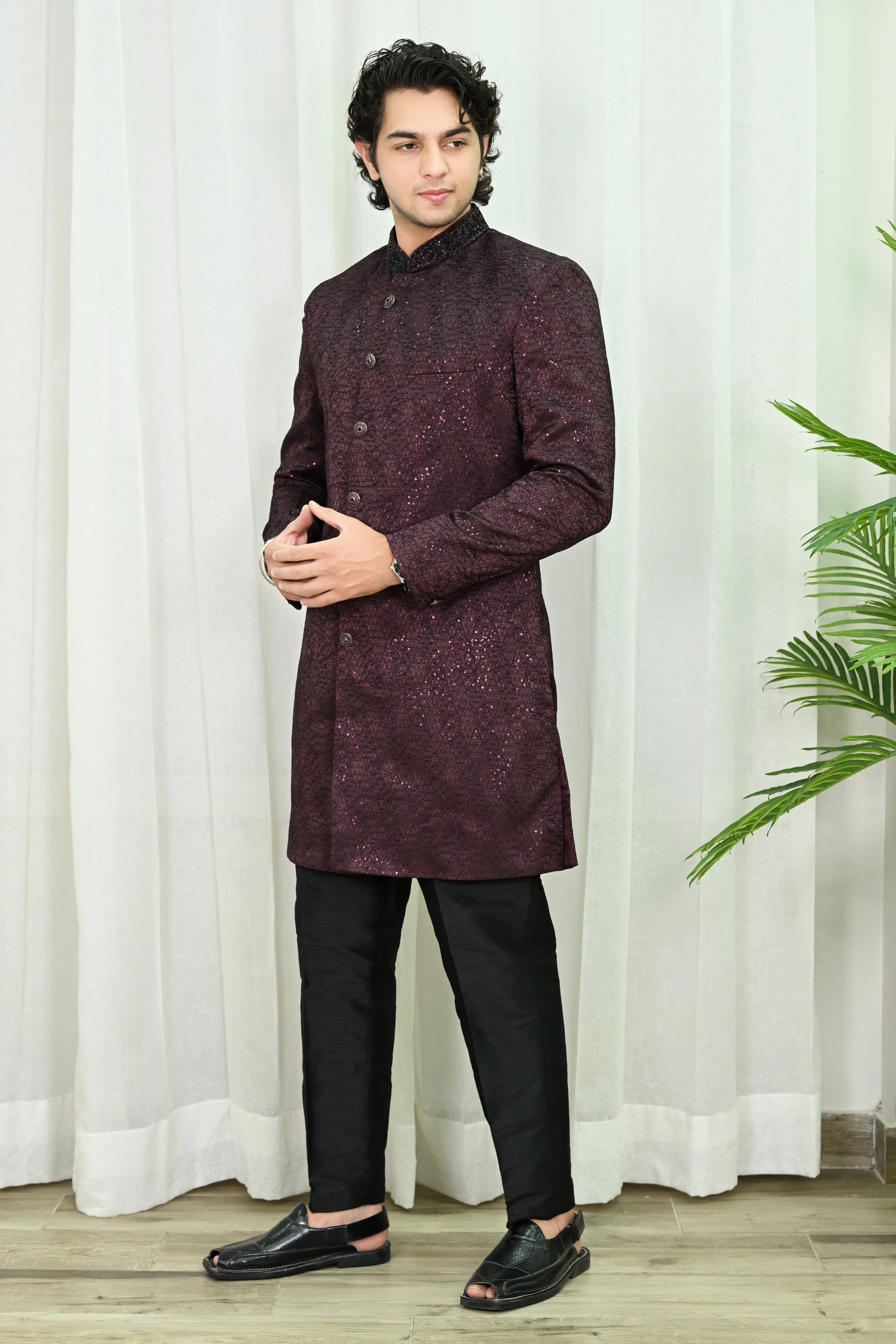 Wine Red Achkan Style Indo Western Sherwani Secondary image
