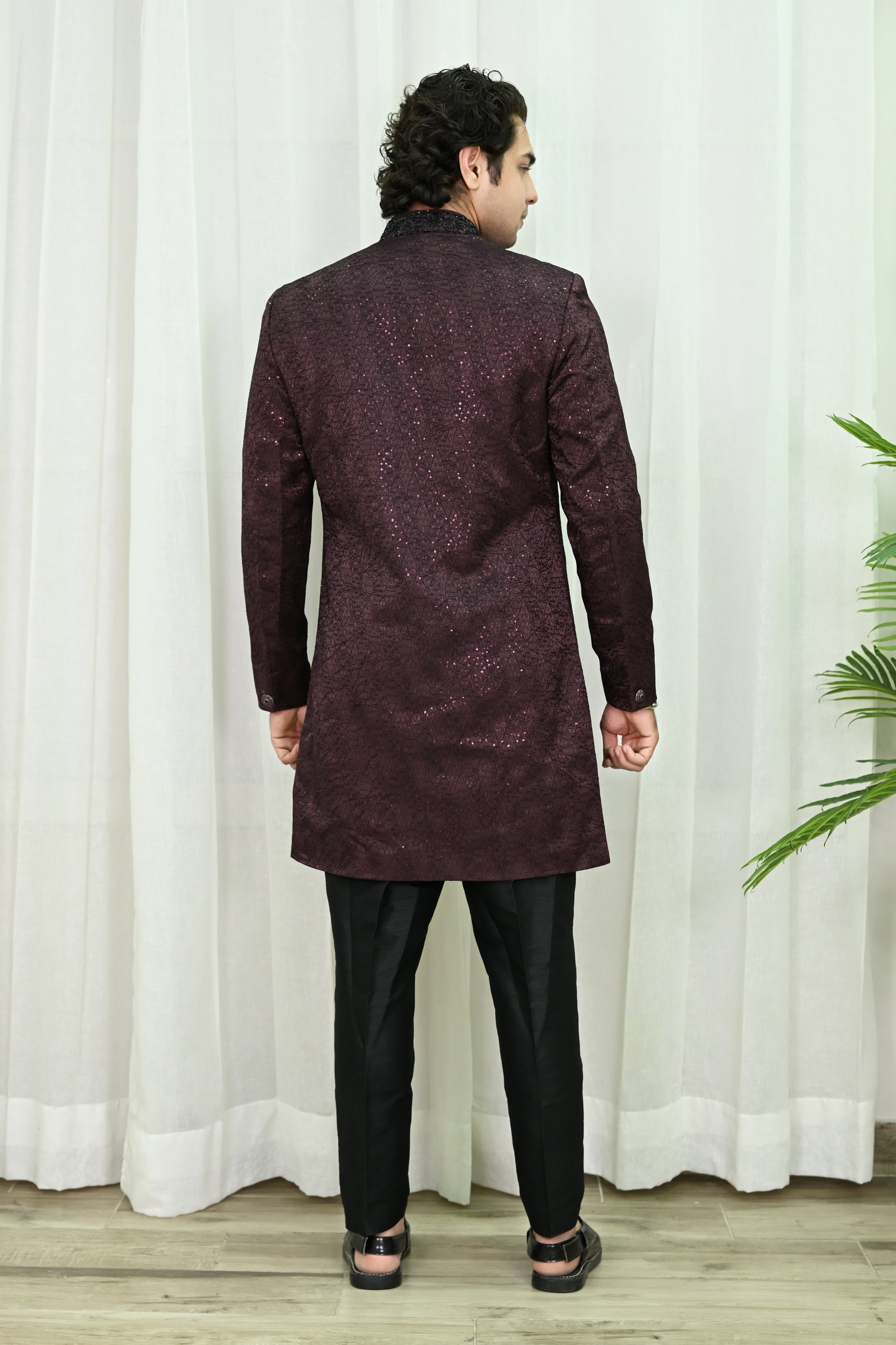 Wine Red Achkan Style Indo Western Sherwani