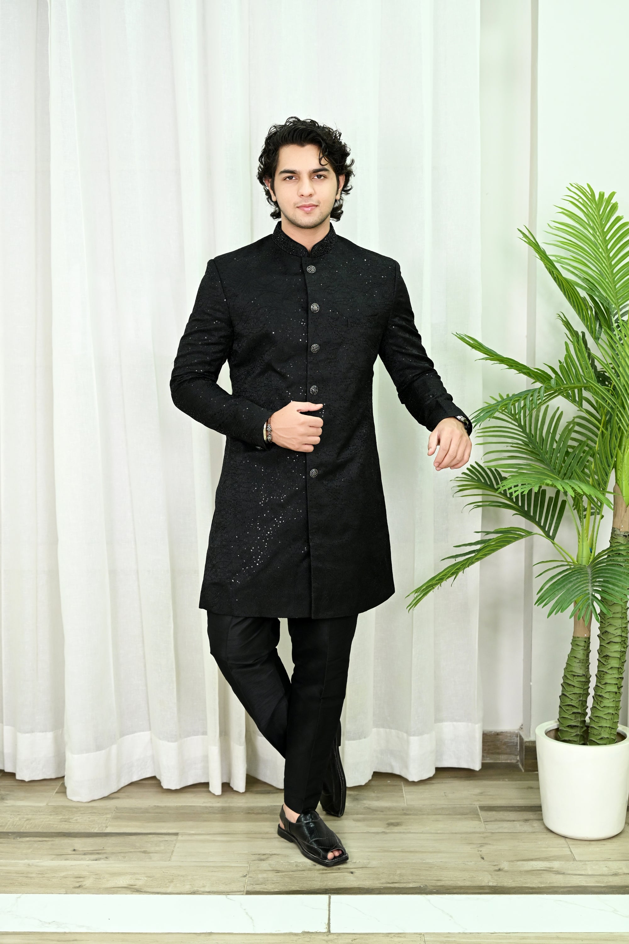 Men's Black Embroidery Indo-Western Sherwani