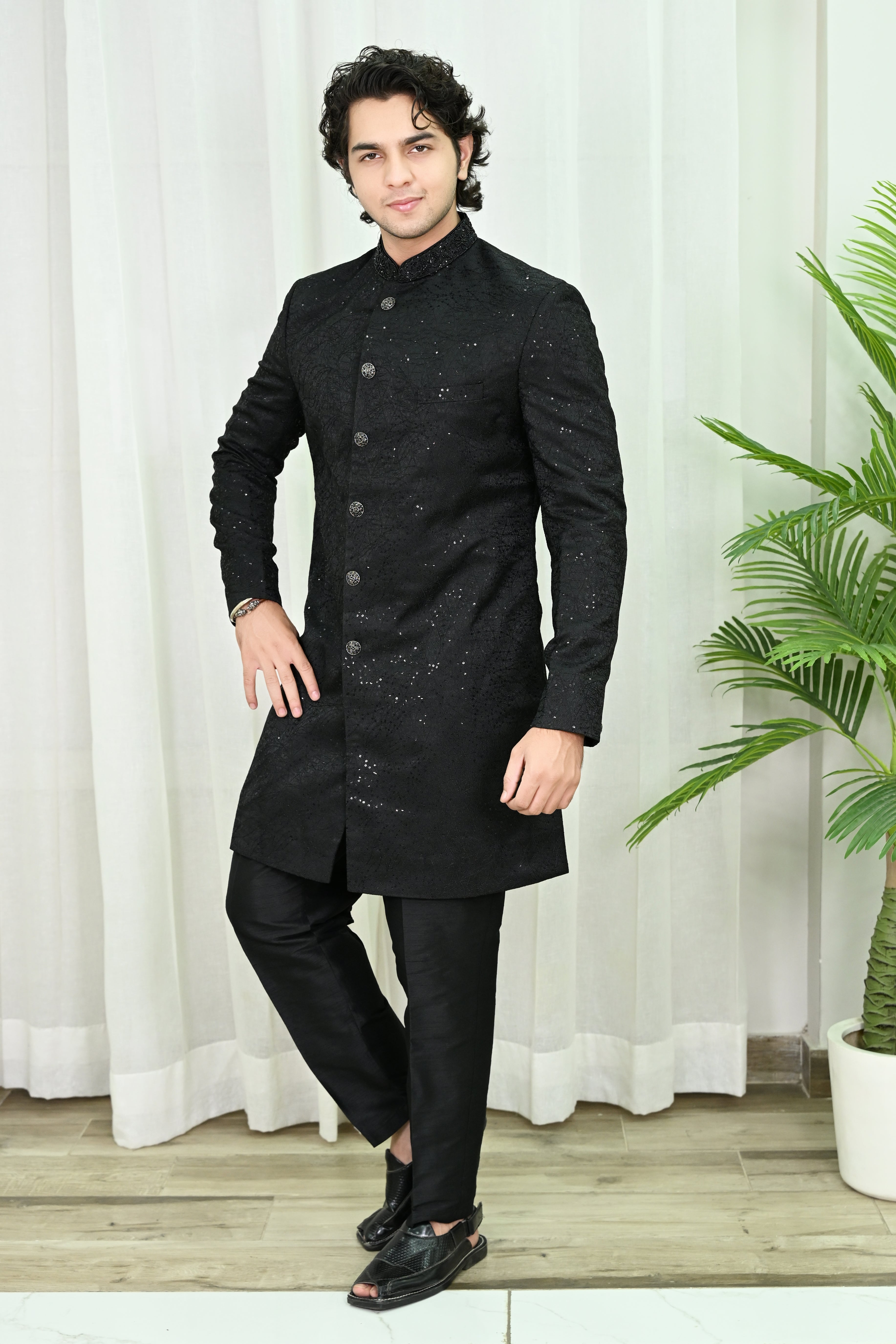 Men's Black Embroidery Indo-Western Sherwani Secondary image
