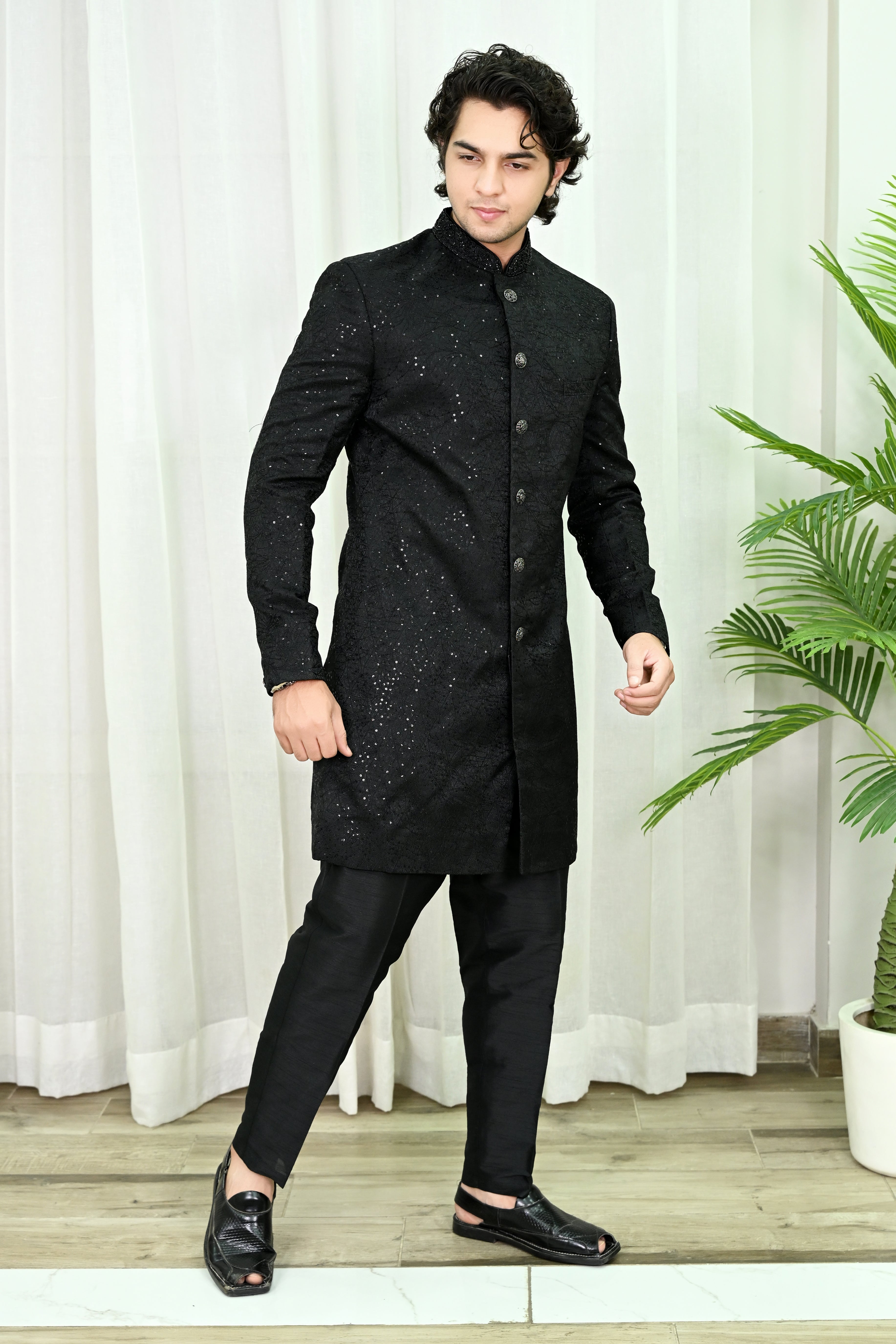 Men's Black Embroidery Indo-Western Sherwani