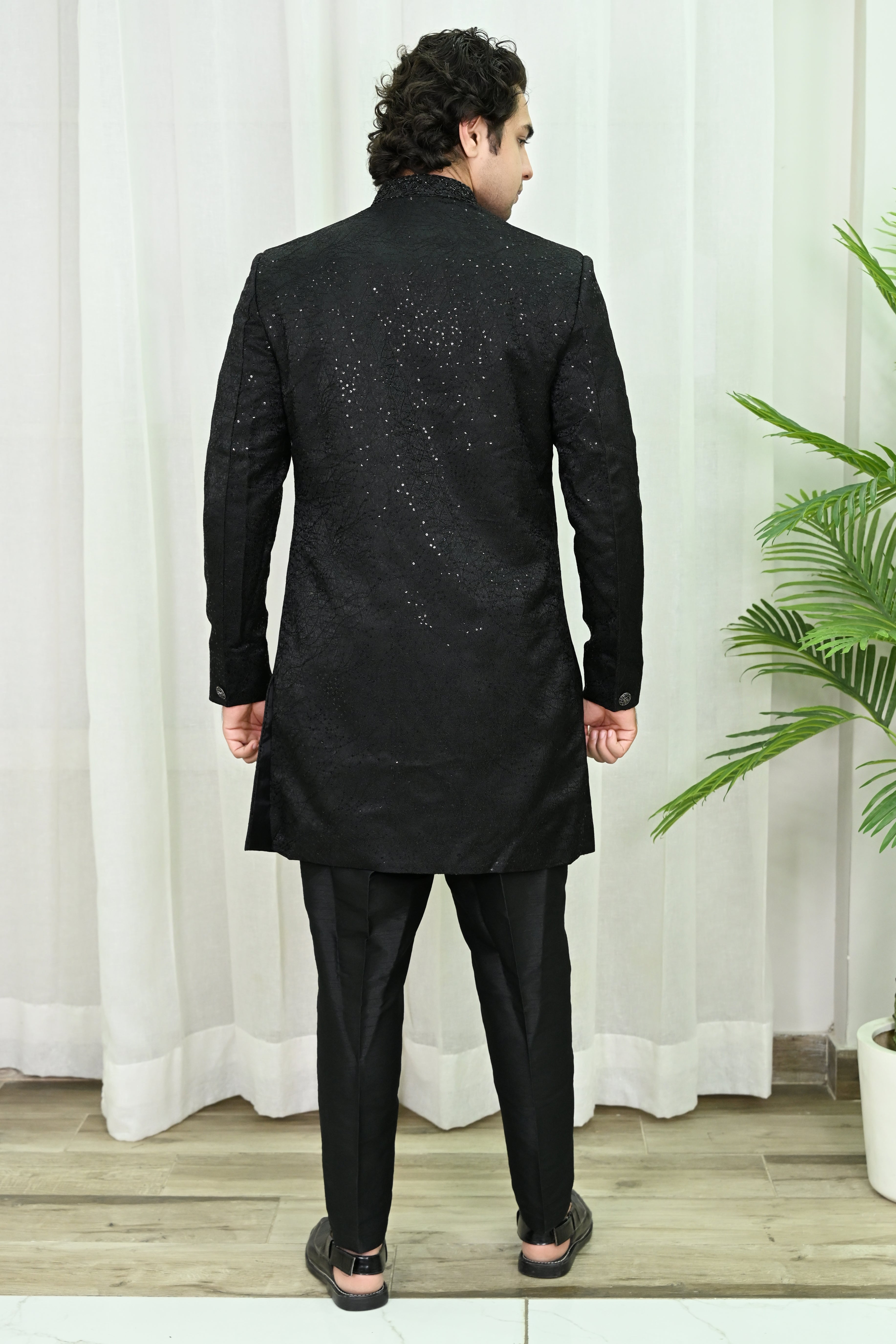 Men's Black Embroidery Indo-Western Sherwani