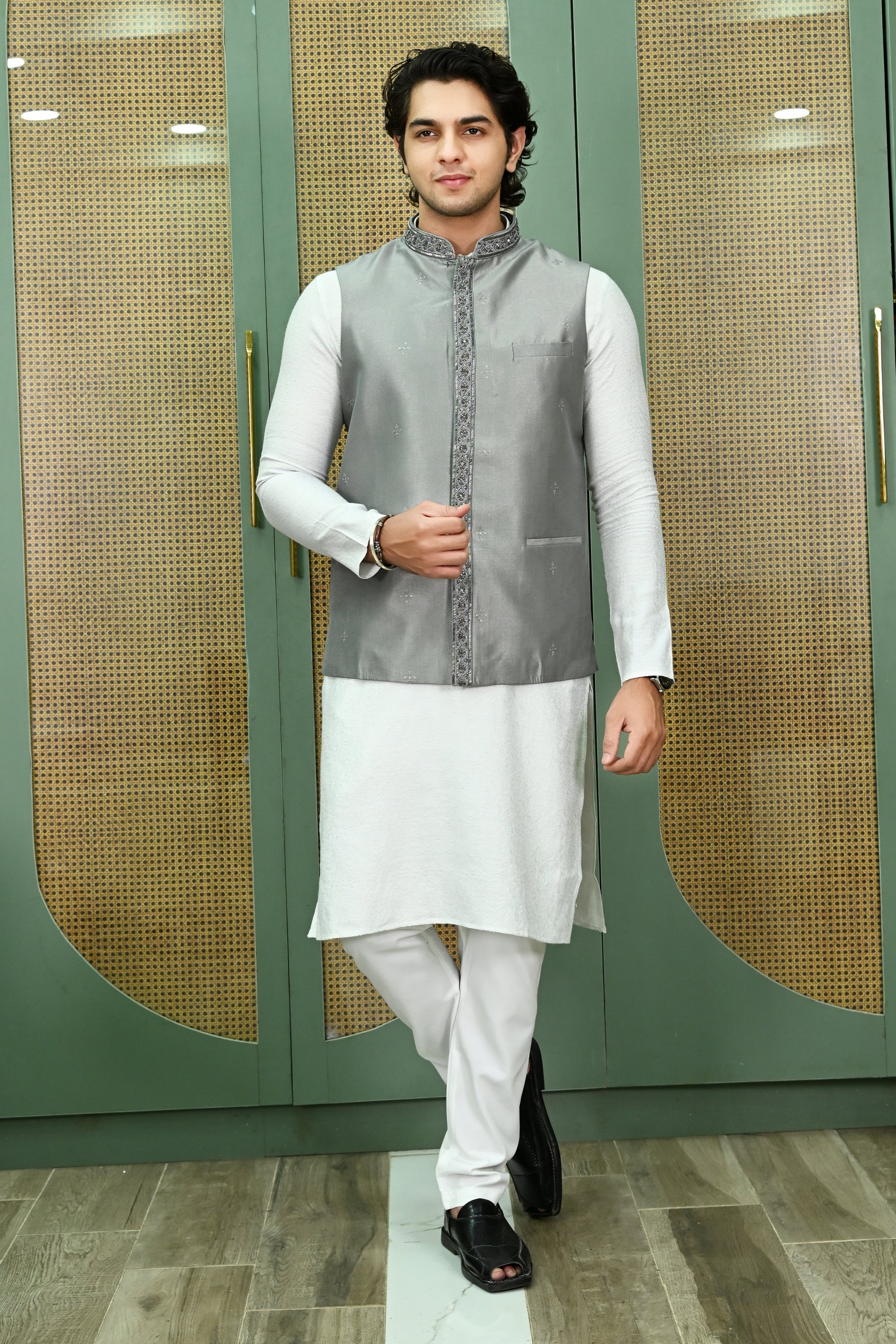 Men's Grey Embroidered Waist Coat