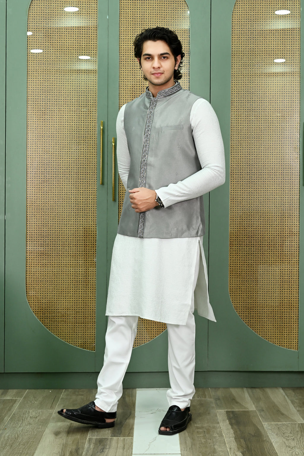 Men's Grey Embroidered Waist Coat