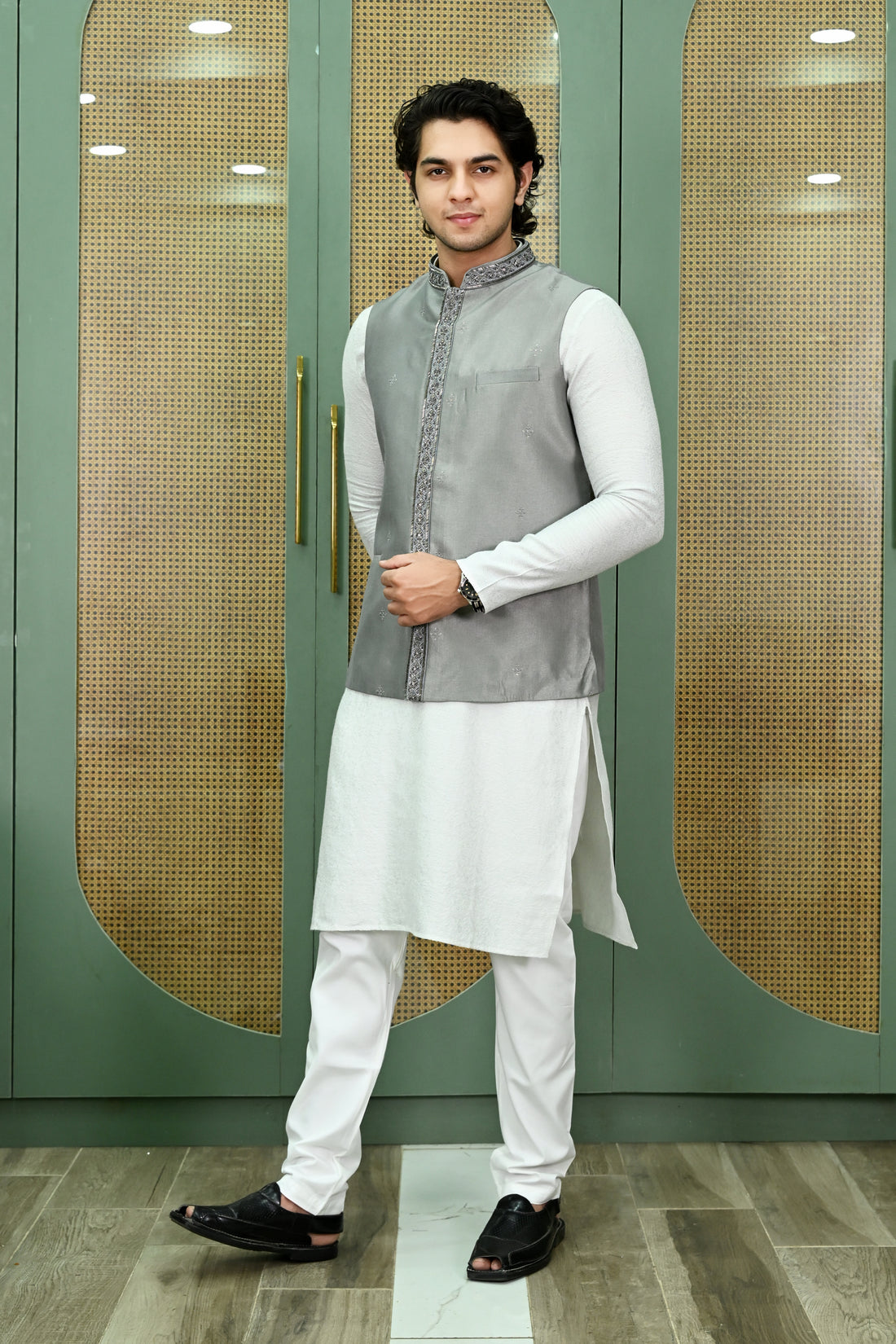 Men's Grey Embroidered Waist Coat