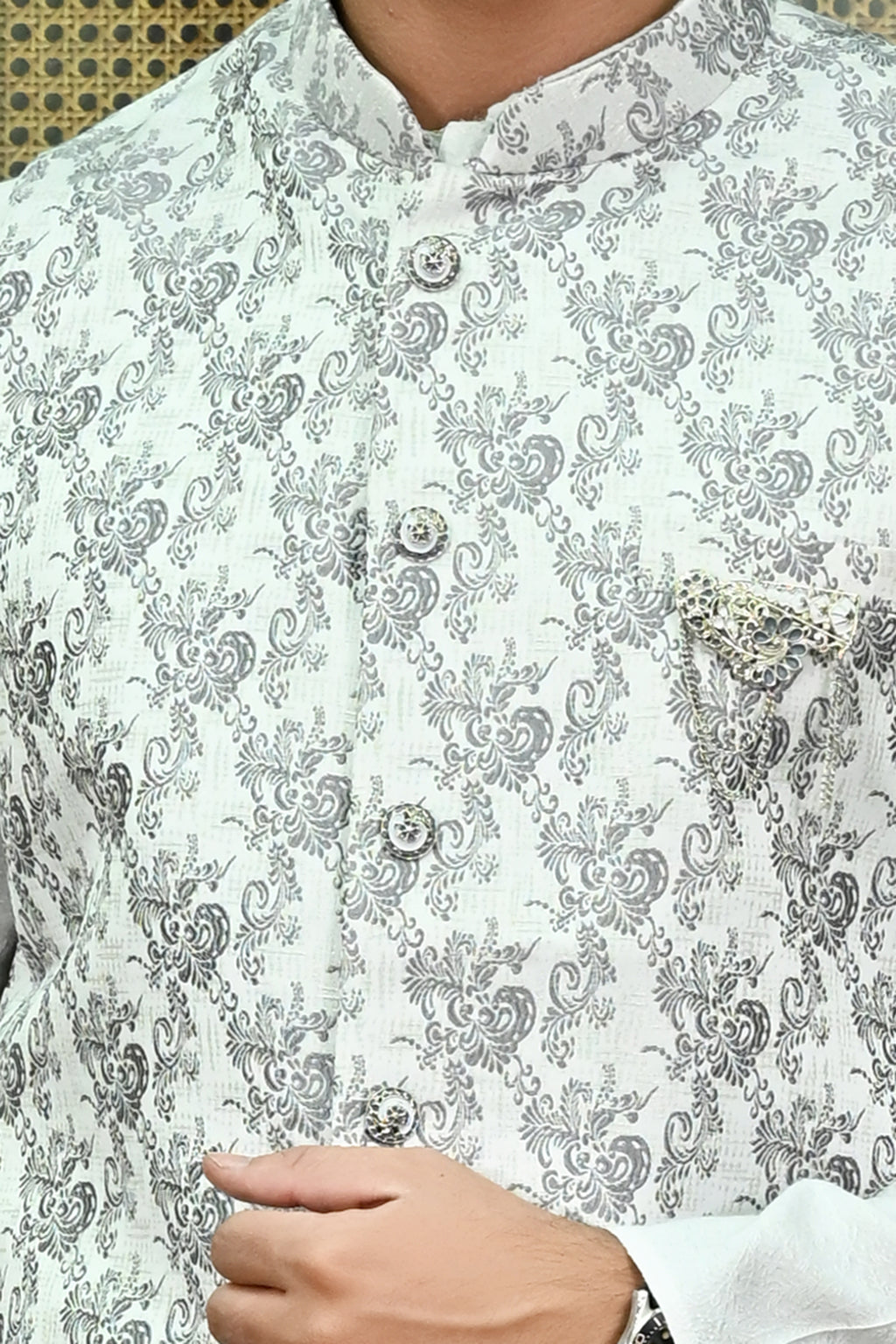 Men's Dupion white Flower Ethnic Waist Coat