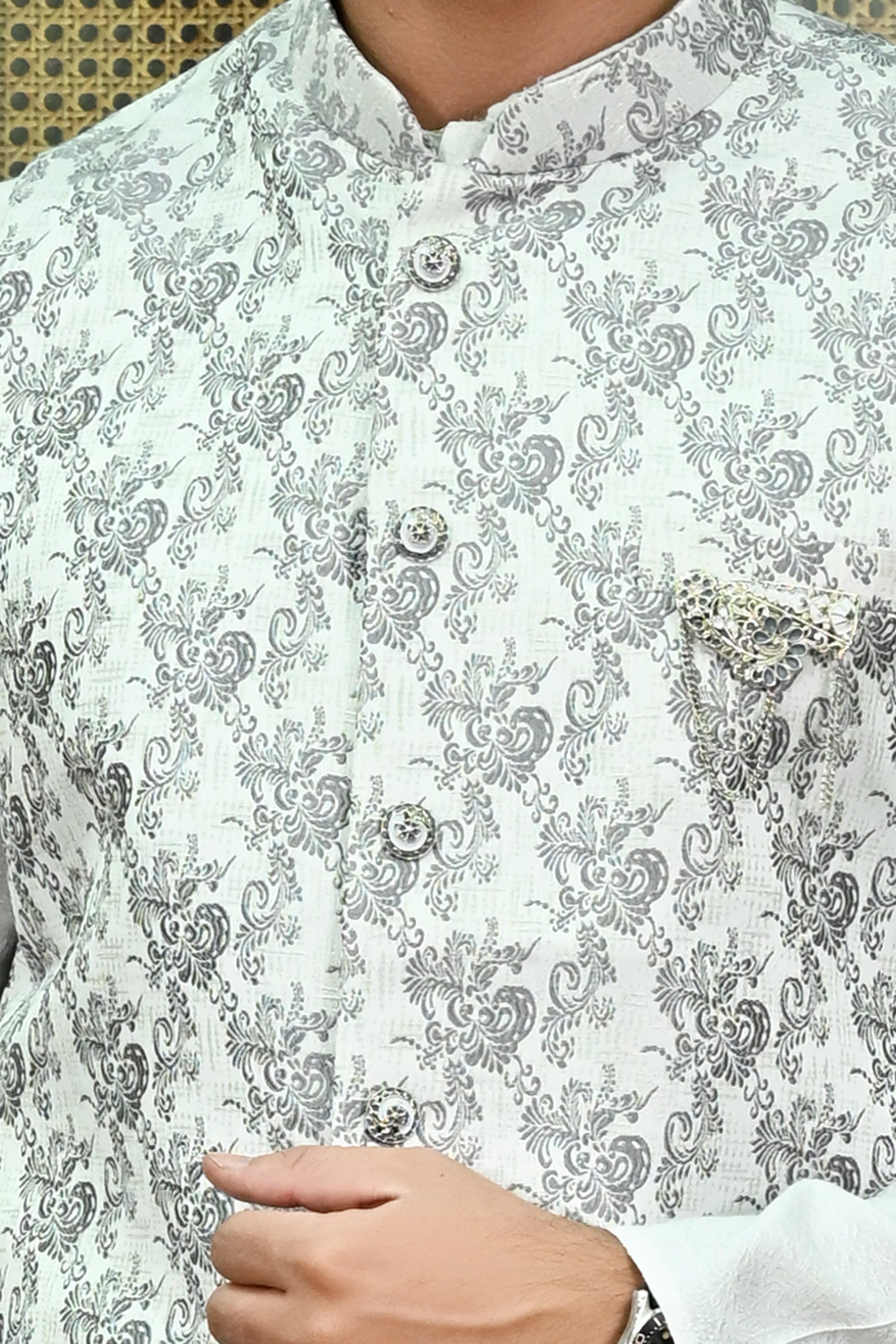 Men's Dupion white Flower Ethnic Waist Coat