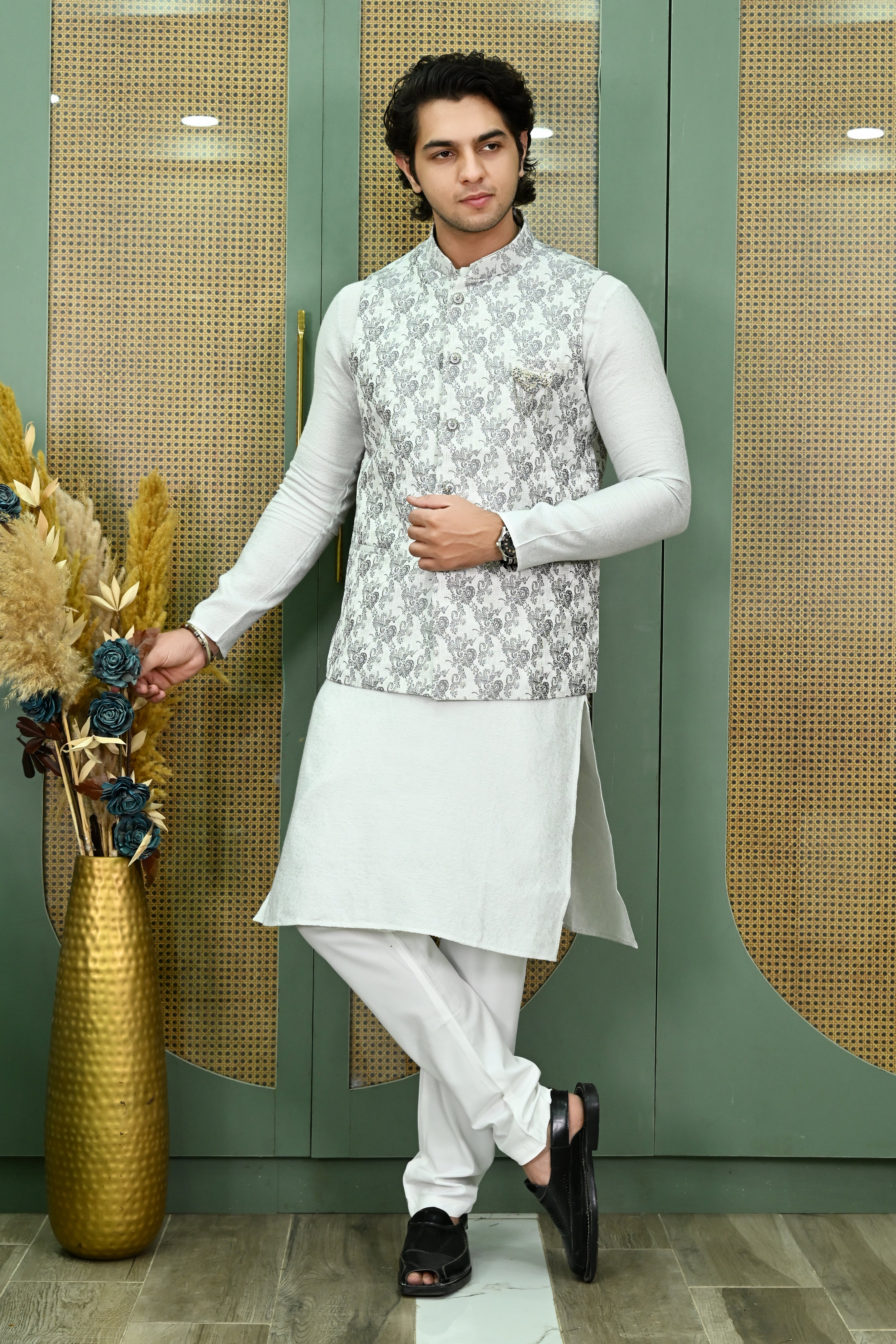 Men's Dupion white Flower Ethnic Waist Coat Main image