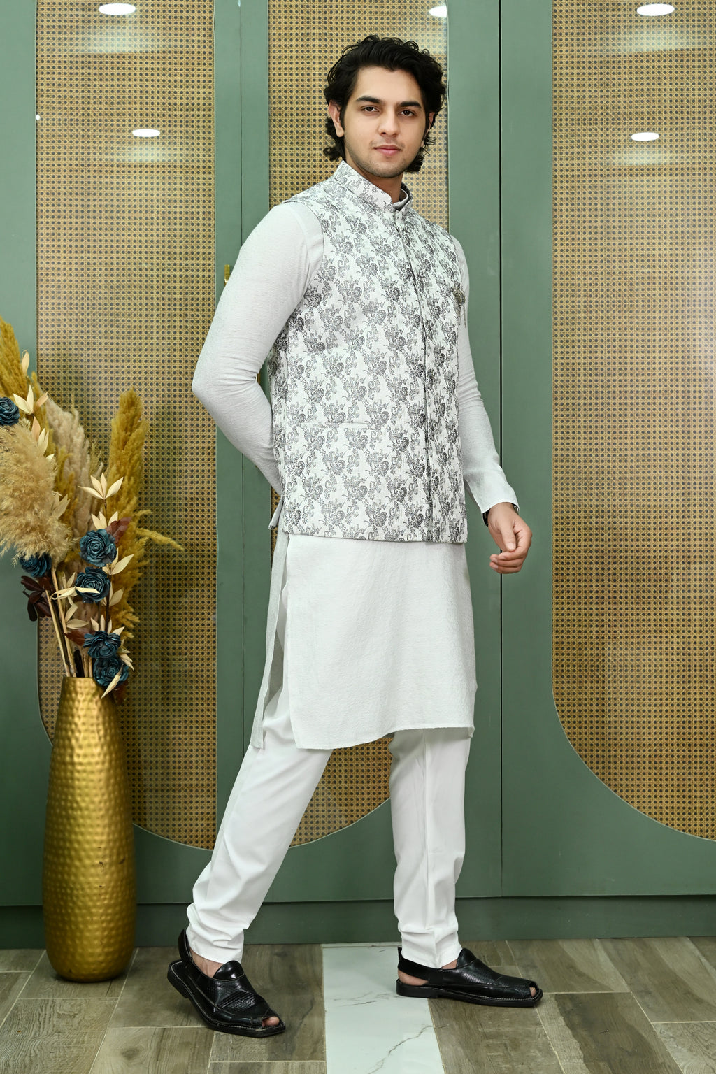 Men's Dupion white Flower Ethnic Waist Coat