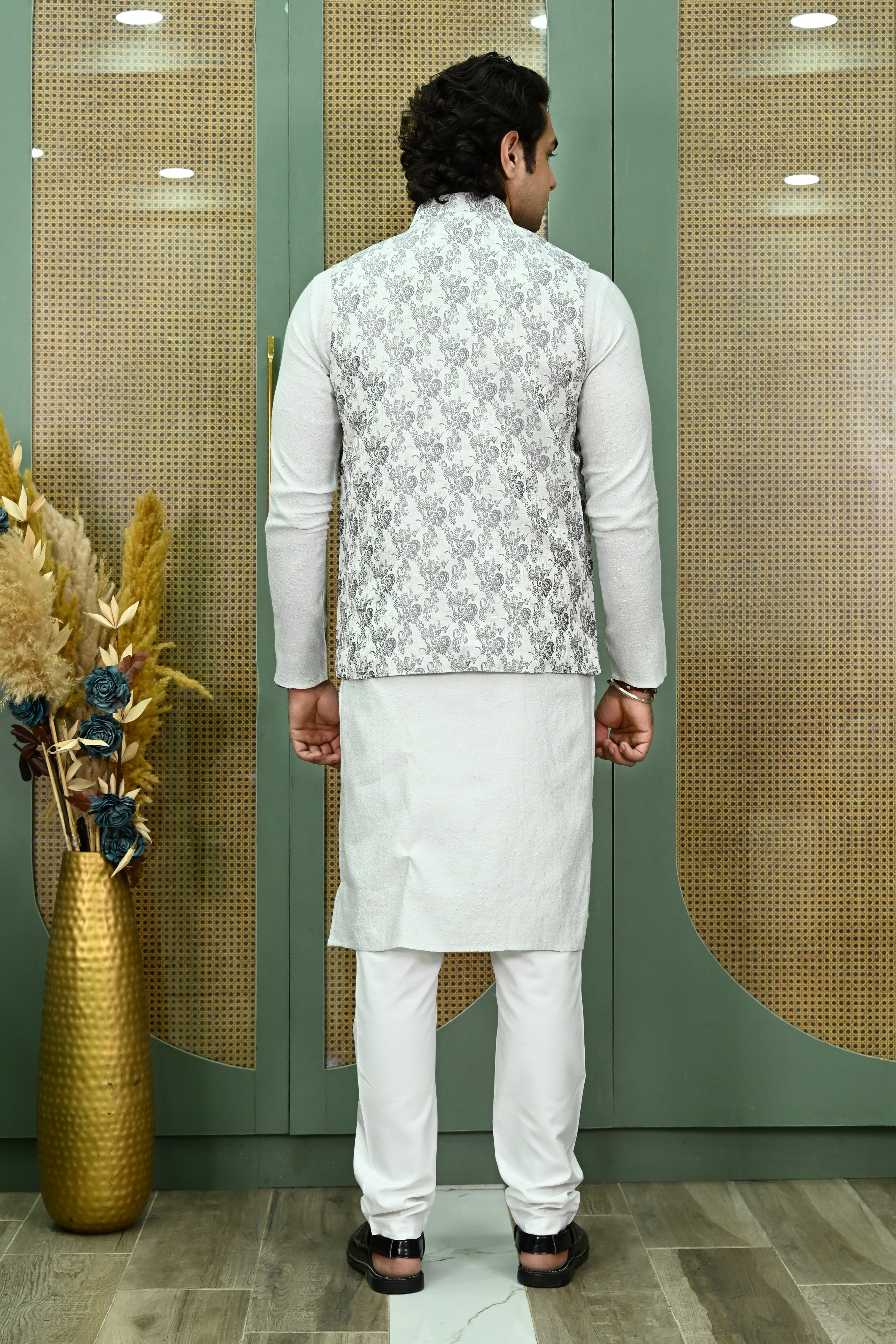 Men's Dupion white Flower Ethnic Waist Coat