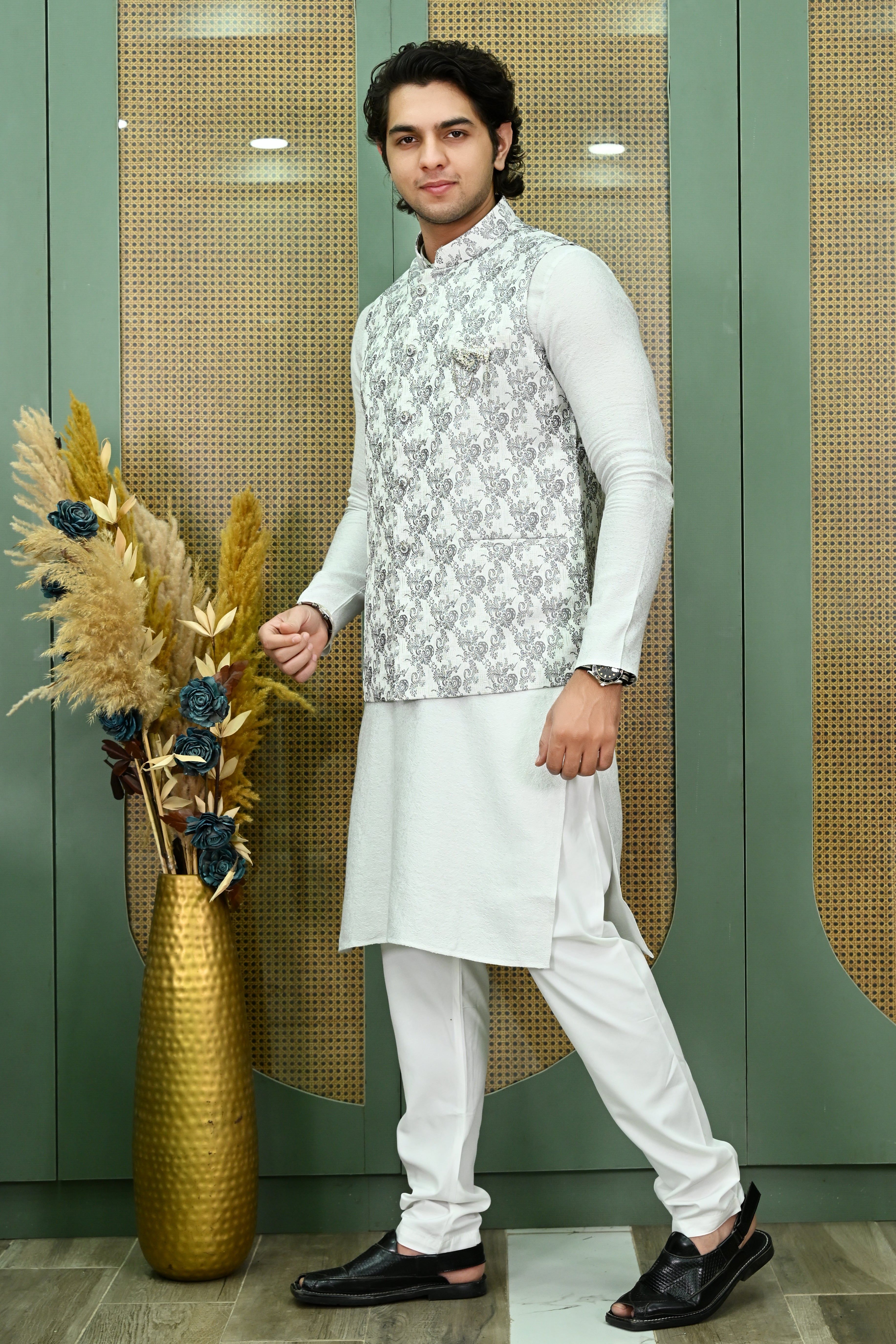 Men's Dupion white Flower Ethnic Waist Coat