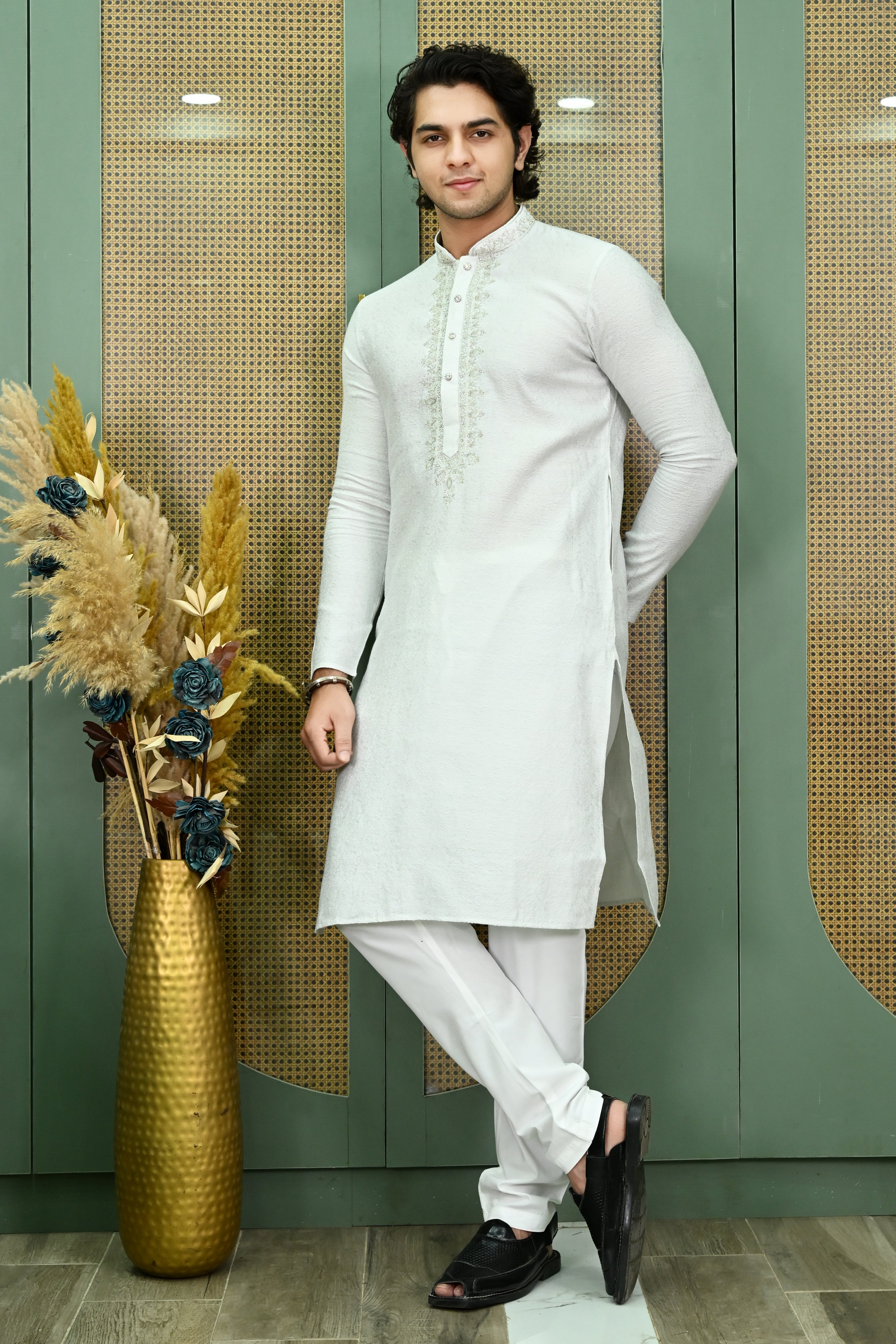 Men's White Mirror Work embroidered Kurta Pajama