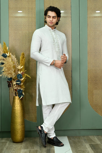 Men's White Mirror Work embroidered Kurta Pajama