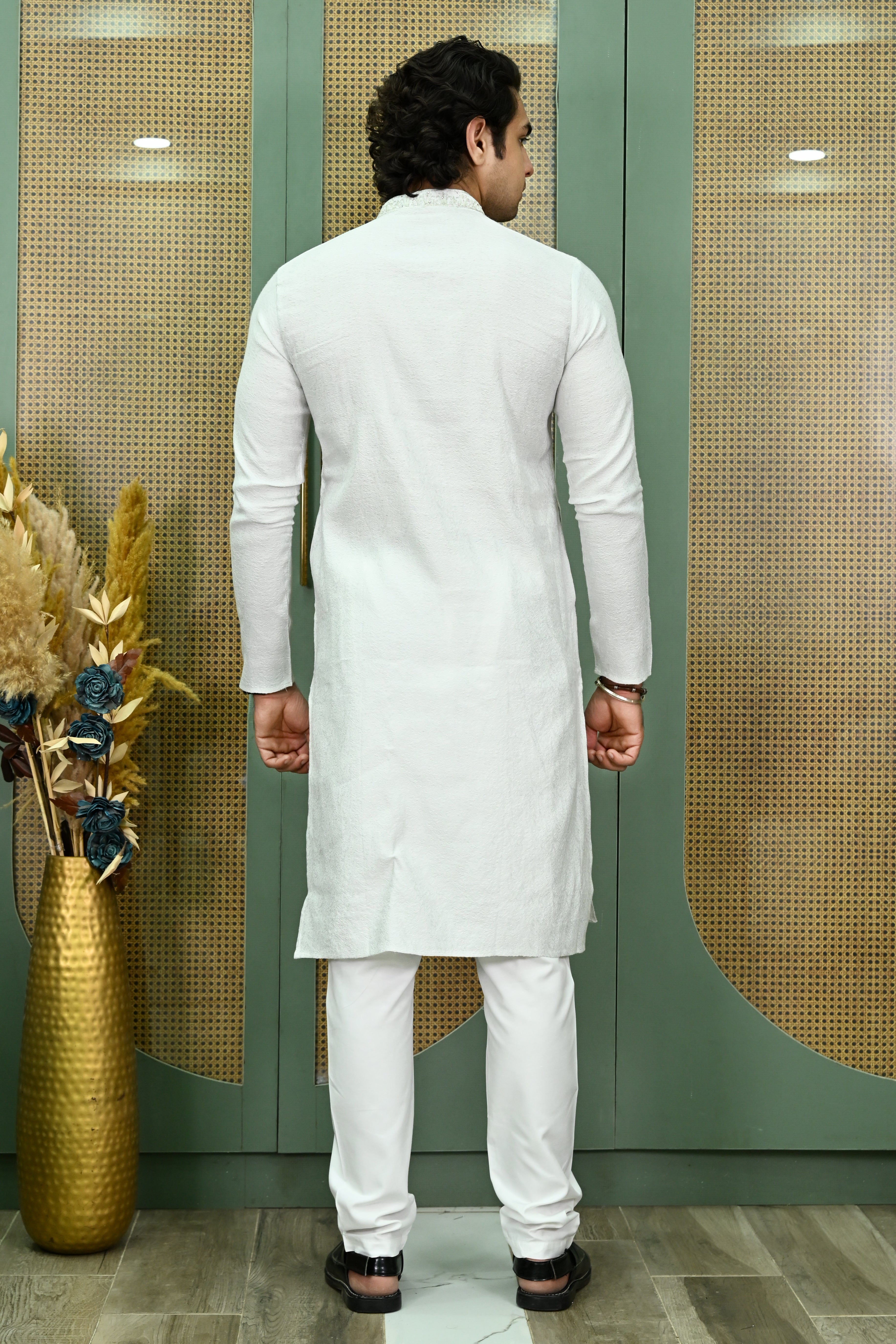 Men's White Mirror Work embroidered Kurta Pajama Secondary image