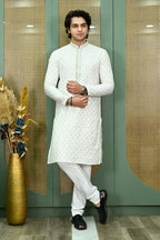 Men's White Embroidered Georgette Kurta Pajama