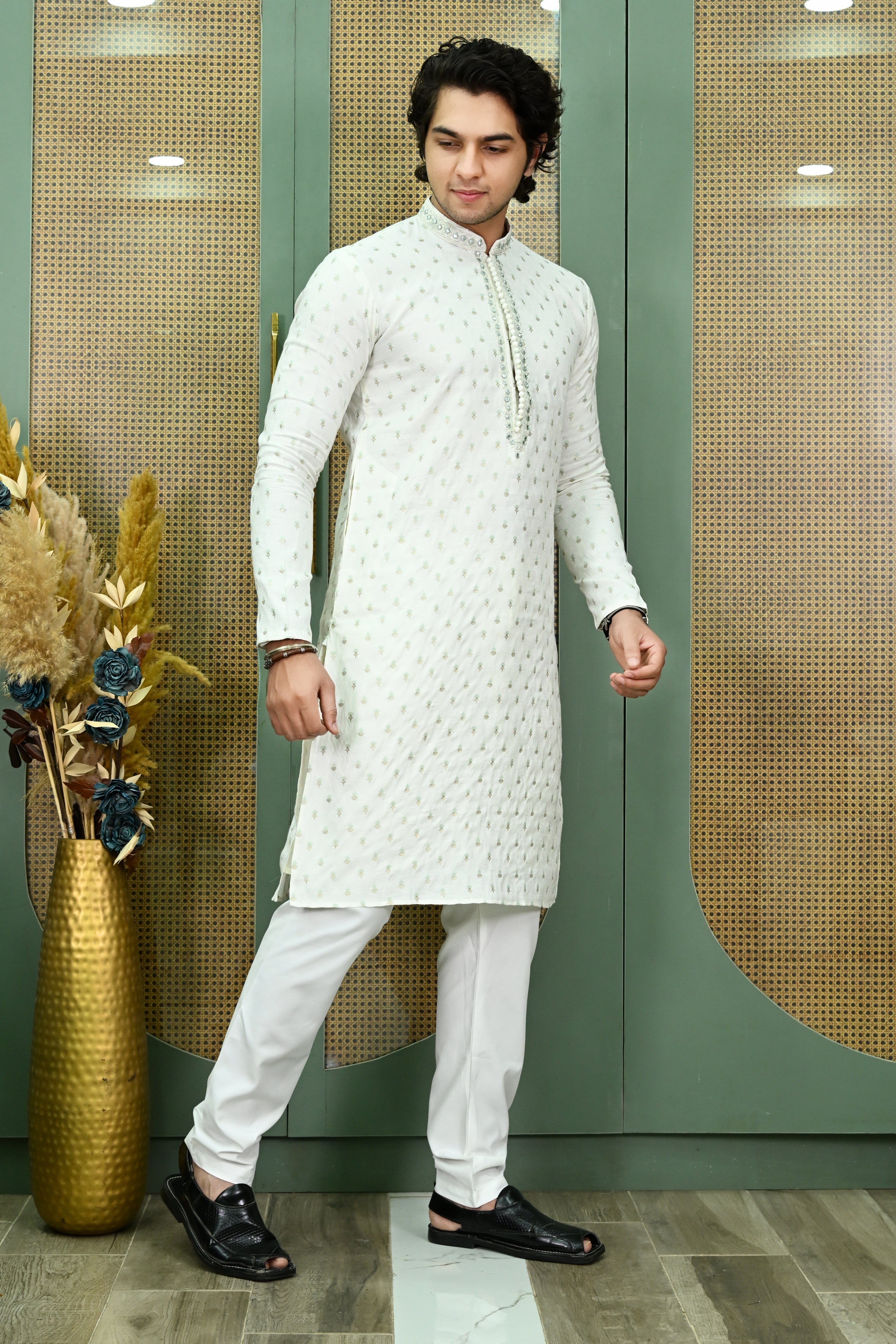 Men's White Embroidered Georgette Kurta Pajama Main image