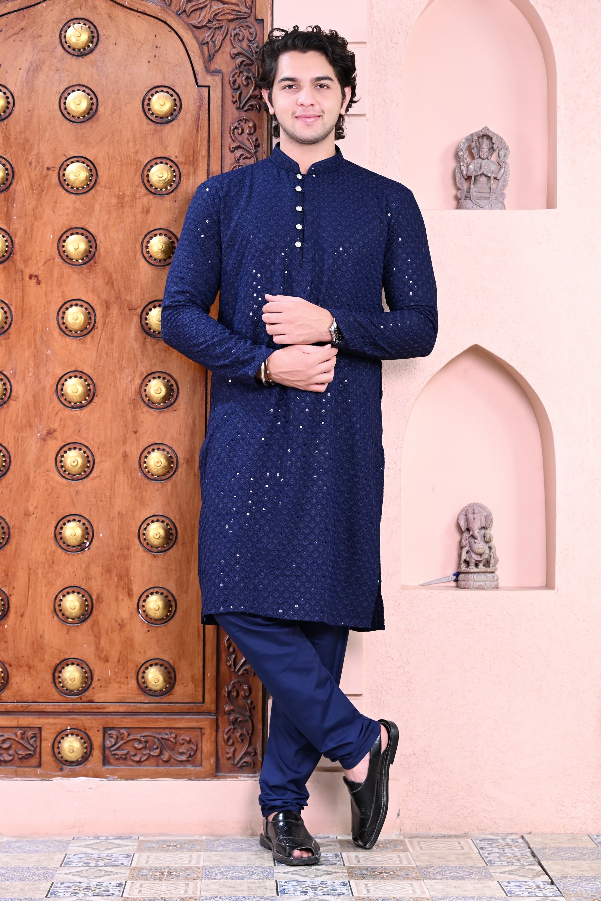 Mens Navy Blue Chikankari Embroidered Kurta Pajama