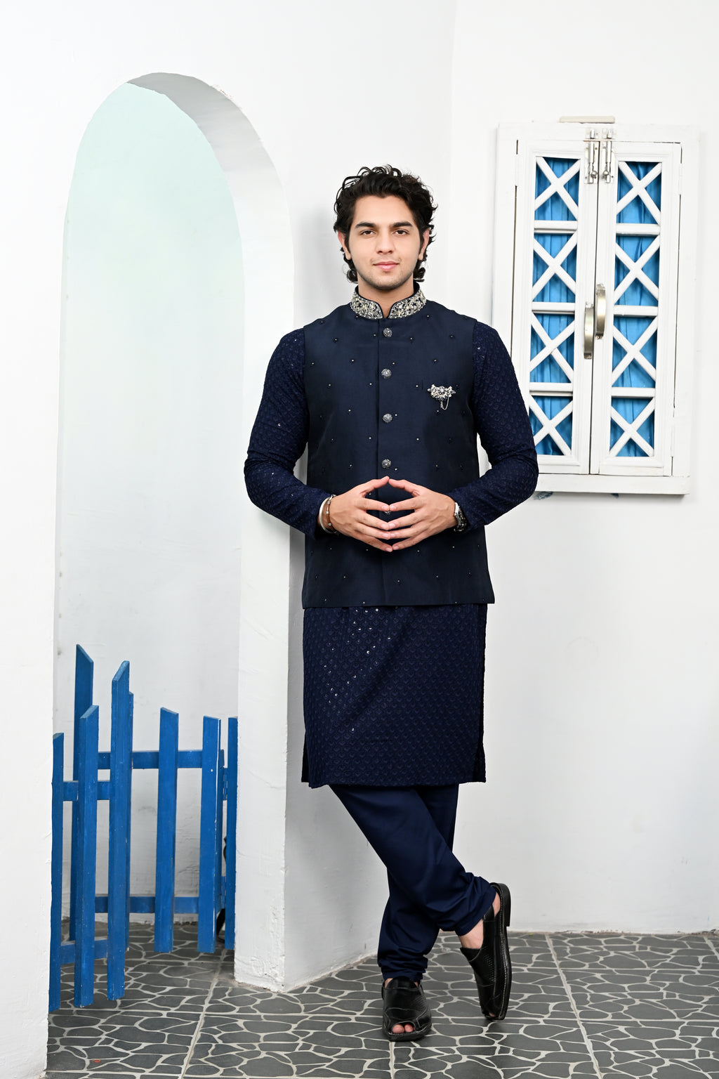 Men's Navy Blue Sequins Embroidered waist coat