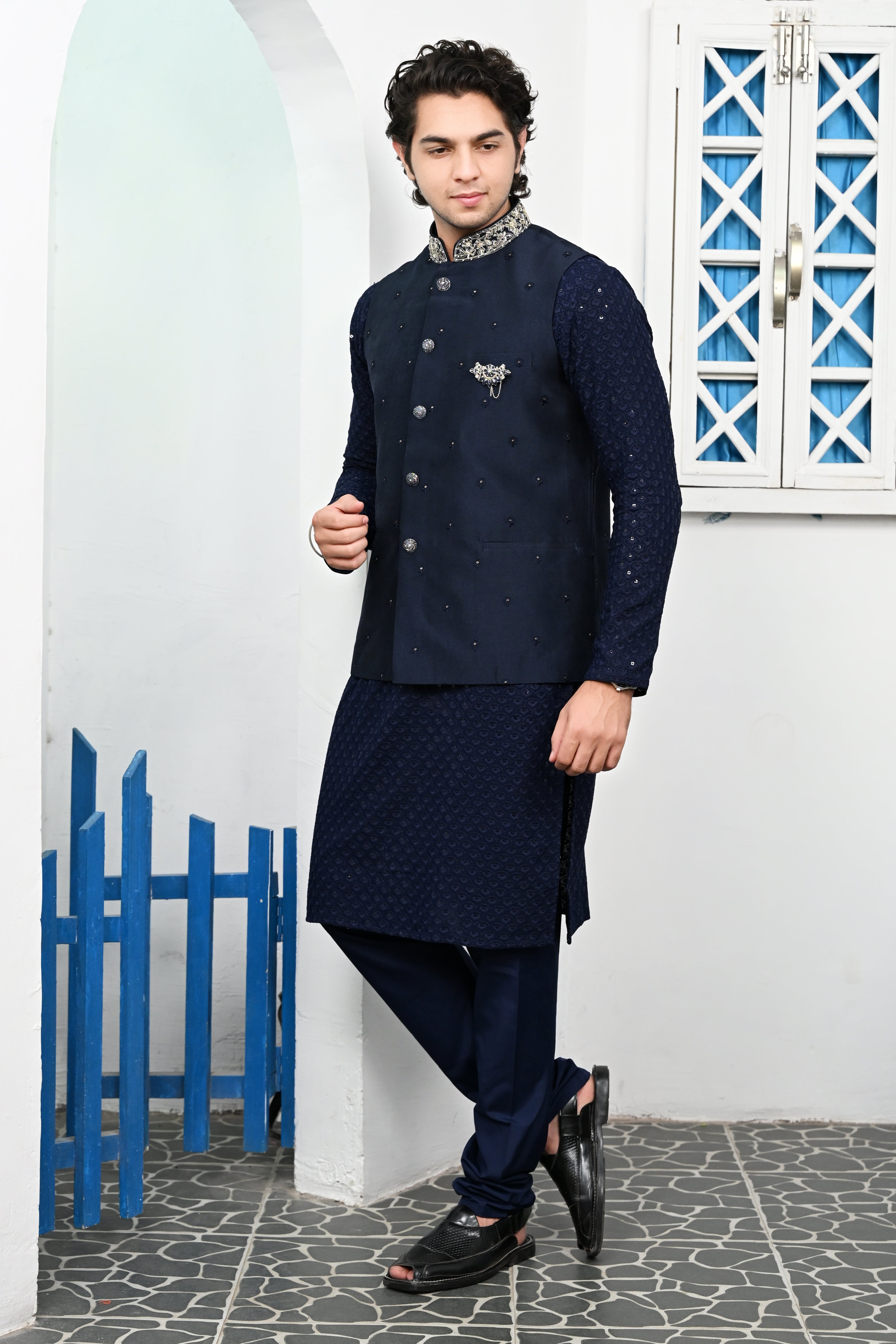 Men's Navy Blue Sequins Embroidered waist coat