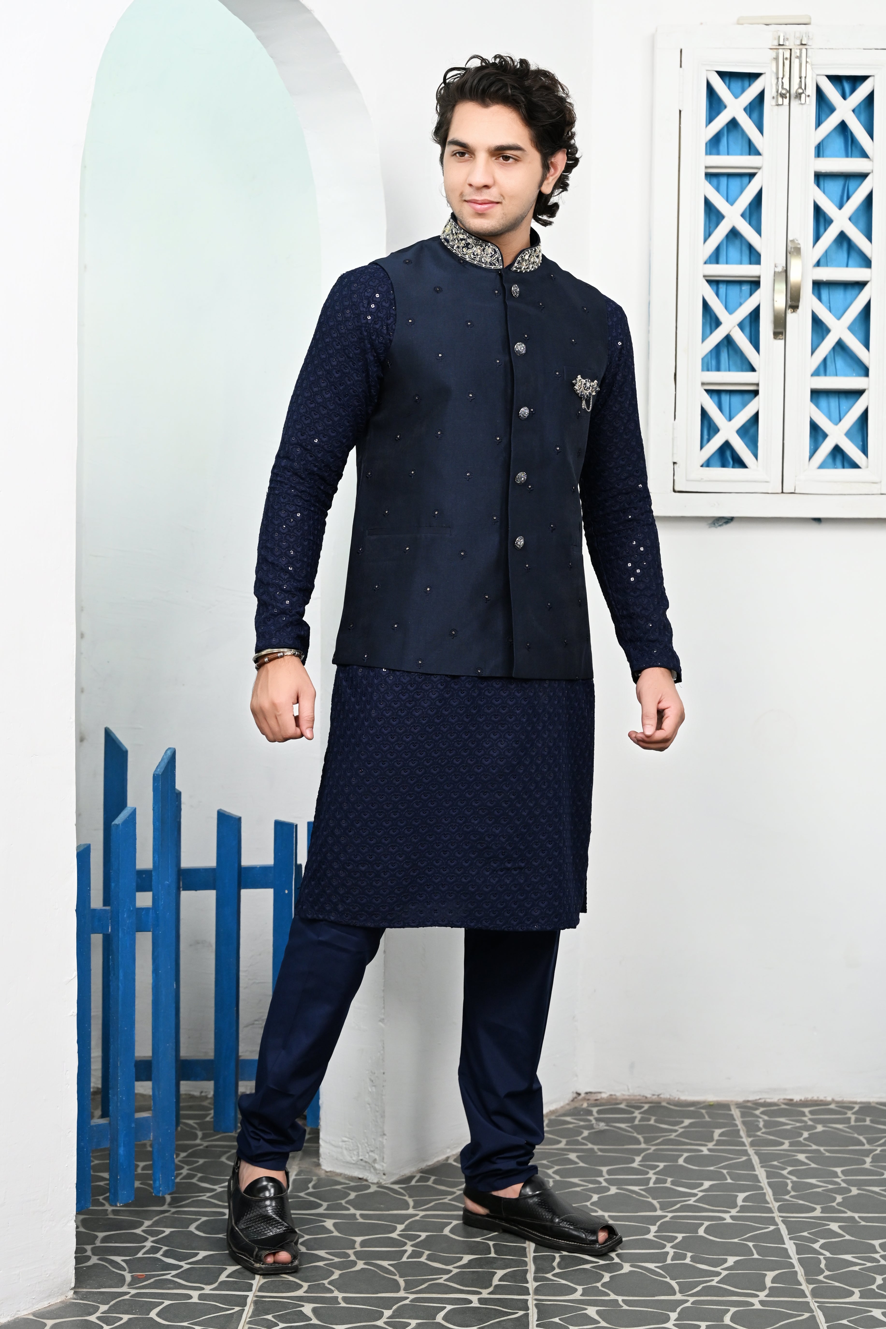 Men's Navy Blue Sequins Embroidered waist coat Main image