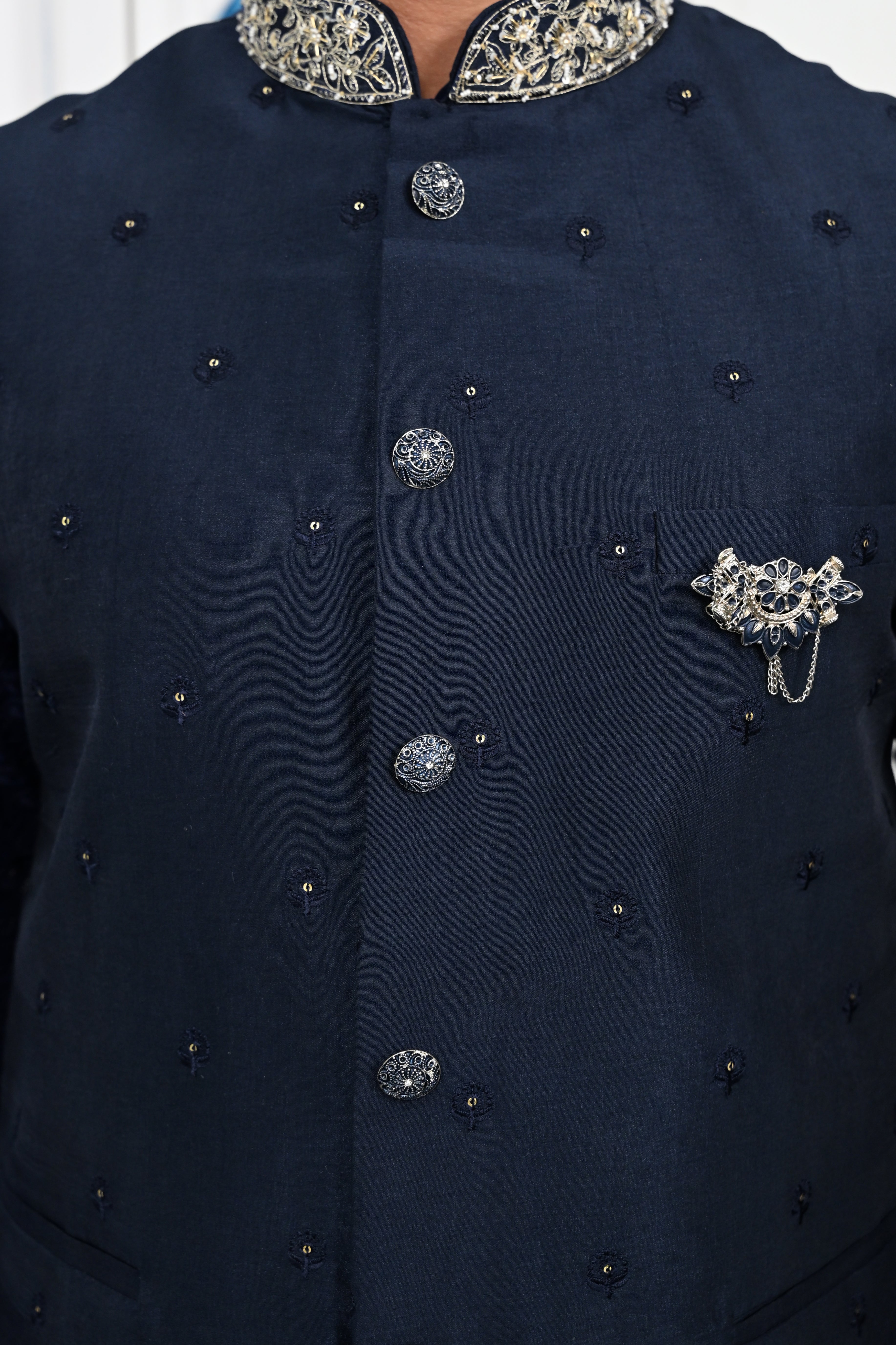 Men's Navy Blue Sequins Embroidered waist coat